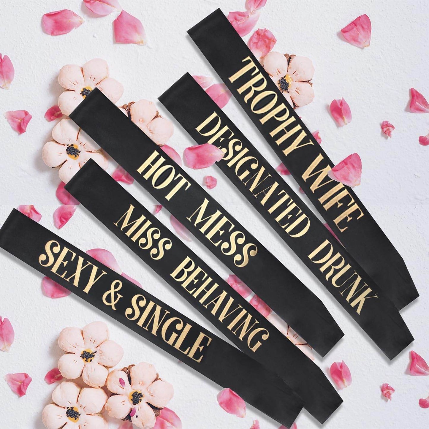12 Pack- Bachelorette Party Bride to Be Sash- Unique Bride Bridesmaid Sashes for Bachelorette Party (Black, Rose Gold Letters) - Concordia Style Boutique
