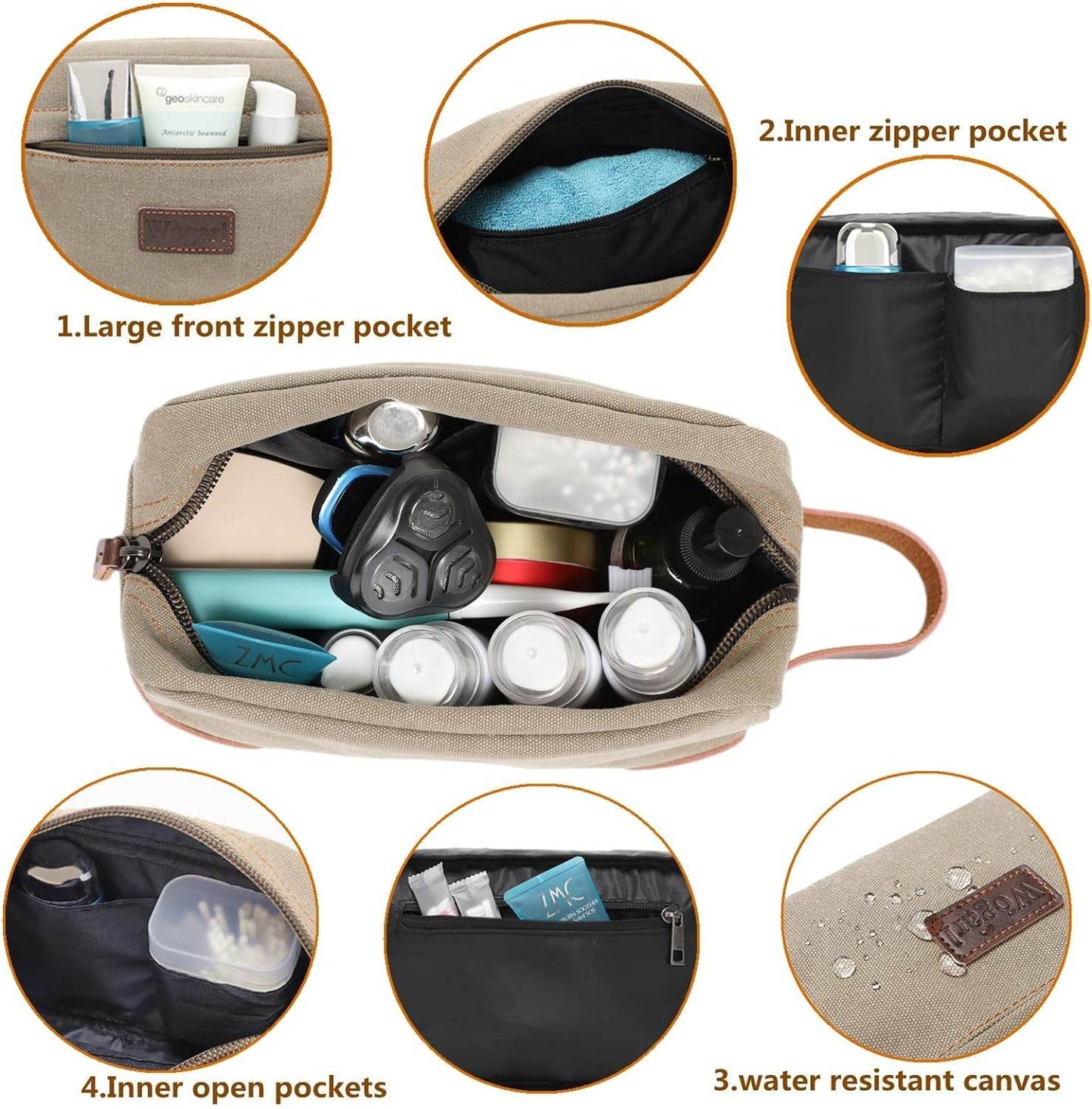 Toiletry Bag for Men, Leather and Canvas Travel Toiletry Bag Dopp Kit Shaving Bag for Travel Accessories (Light Grey) - Concordia Style Boutique