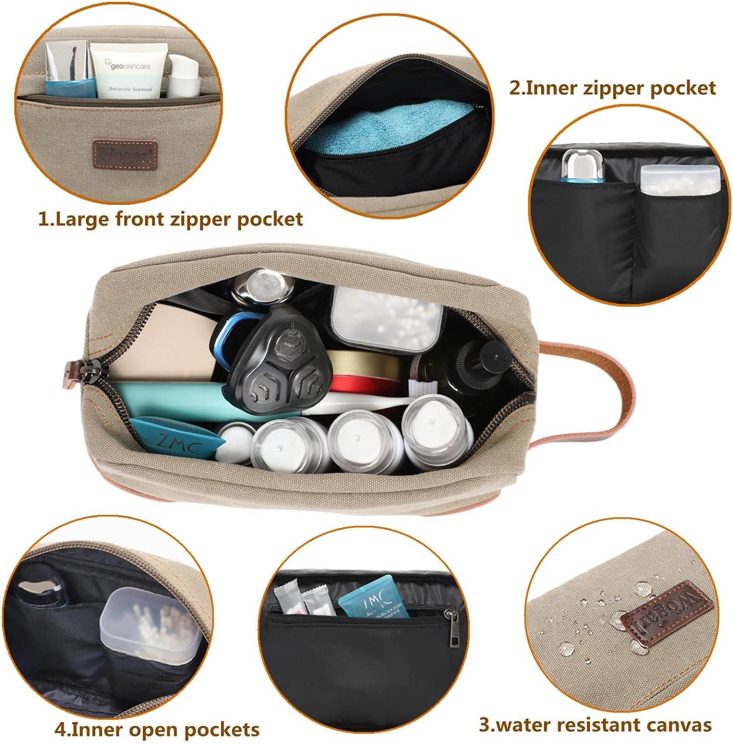 Toiletry Bag for Men, Leather and Canvas Travel Toiletry Bag Dopp Kit Shaving Bag for Travel Accessories (Light Grey) - Concordia Style Boutique