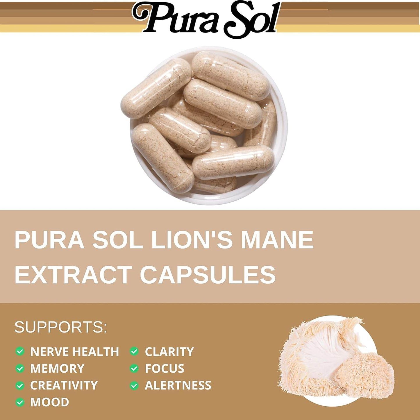 Lion’s Mane Mushroom Capsules 10,000 mg - 10:1 Hericium Powder Extract Supplement- Focus, Clarity and Cognition Supplement - Concordia Style Boutique