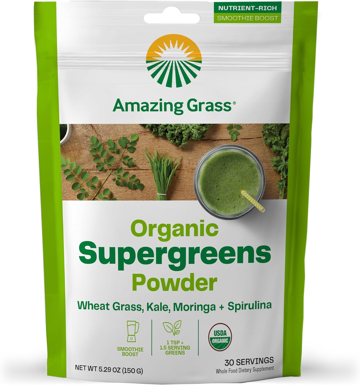 Greens Powder Smoothie Mix with Spirulina, Moringa, Wheat Grass & Kale Smoothie Booster, Chlorophyll Providing Greens, 30 Servings - Concordia Style Boutique