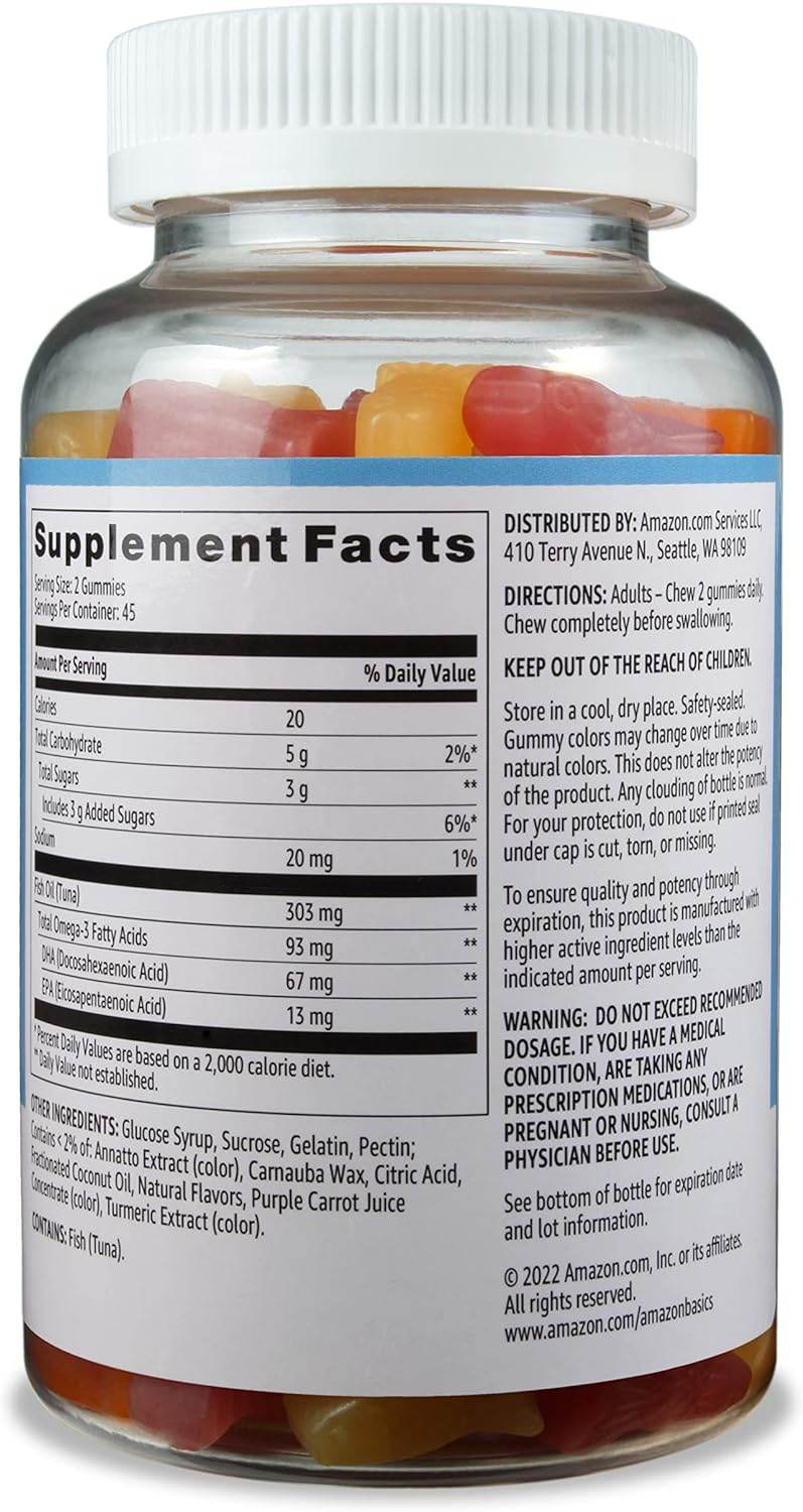 Amazon Basics Fish Oil 303 mg, Lemon, Orange & Strawberry-Banana flavors, 90 Gummies (2 per Serving), EPA and DHA Omega-3 fatty acids (Previously Solimo) - Concordia Style Boutique