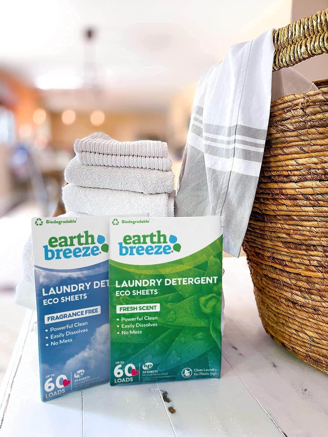 Earth Breeze Laundry Detergent Sheets - Fresh Scent - No Plastic Jug (60 Loads) 30 Sheets, Liquidless Technology… - Concordia Style Boutique