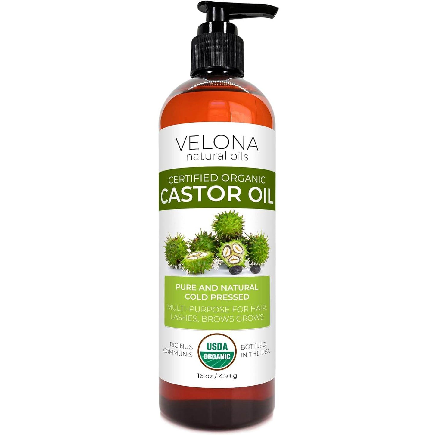 Velona USDA Certified Organic Castor Oil - 16 oz (With Pump) | For Hair, Boost Eyelashes, Eyebrows | Cold pressed, Natural Oil, USP Grade | Hexane Free, Lash Serum, Caster - Concordia Style Boutique