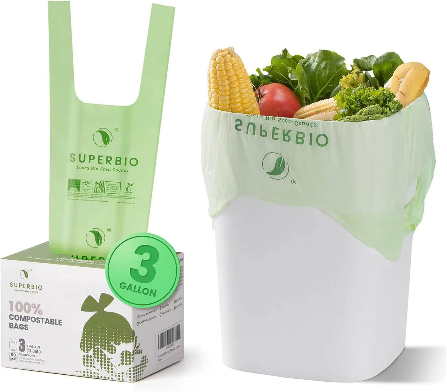 SUPERBIO 2.6 Gallon Compostable Handle Tie Bags, 100 Count,1 Pack, Small Compost Garbage Bags with Handle, Food scrap bags Certified by BPI Meeting ASTM D6400, 9.84L - Concordia Style Boutique