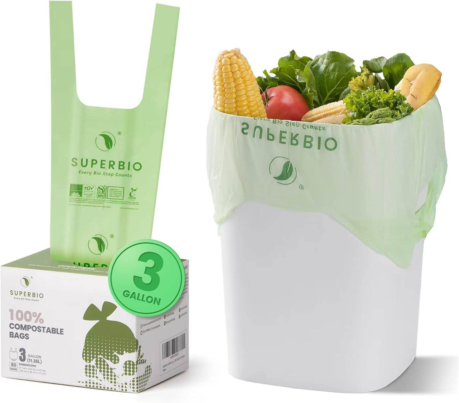 SUPERBIO 2.6 Gallon Compostable Handle Tie Bags, 100 Count,1 Pack, Small Compost Garbage Bags with Handle, Food scrap bags Certified by BPI Meeting ASTM D6400, 9.84L - Concordia Style Boutique