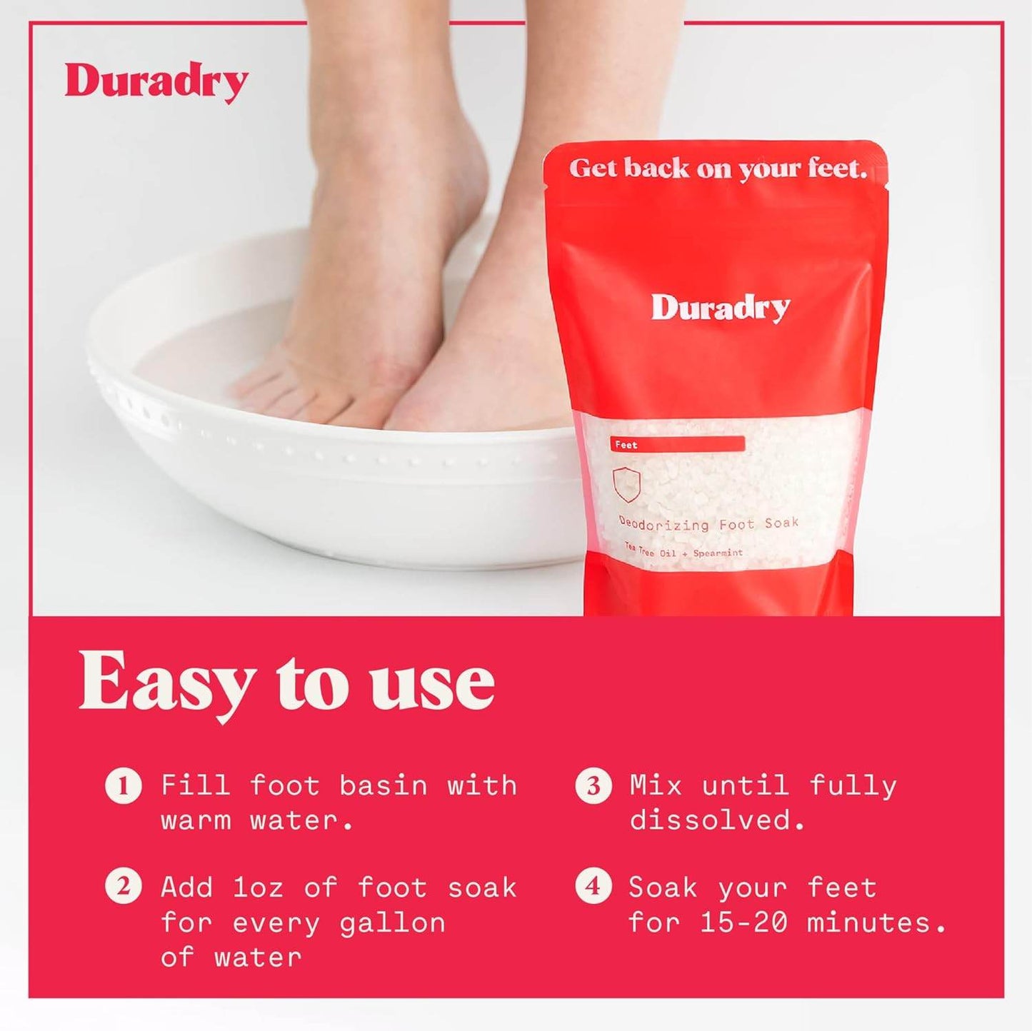 Duradry Foot Soak - Deodorizing Dead Sea Salt for Soaking, All-Natural Foot Bath Salts, Vegan, Cruelty-Free, Colorant-Free, Up to 7 Soaks, Tea Tree Oil & Spearmint - 14 Oz - Concordia Style Boutique