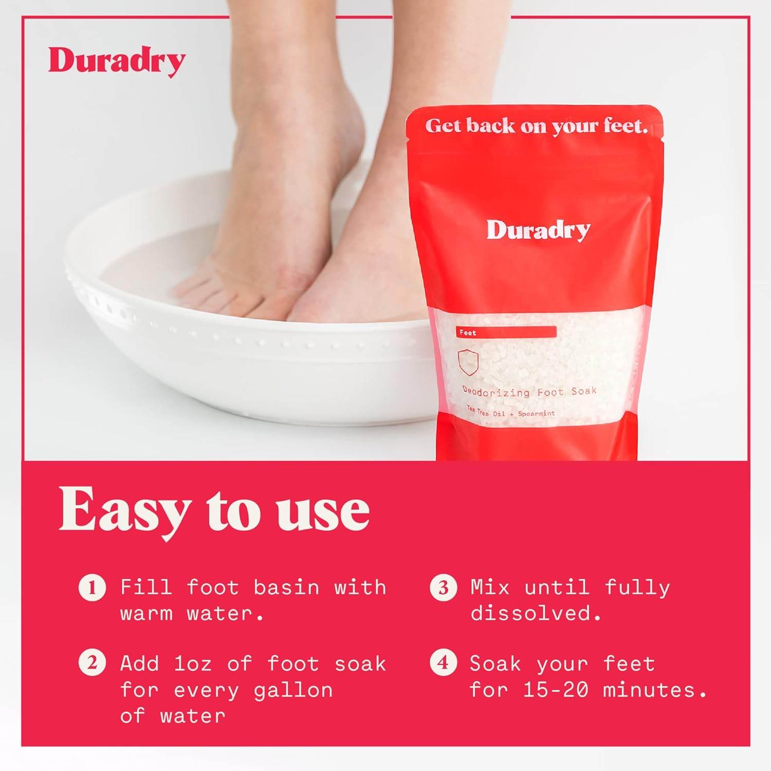 Duradry Foot Soak - Deodorizing Dead Sea Salt for Soaking, All-Natural Foot Bath Salts, Vegan, Cruelty-Free, Colorant-Free, Up to 7 Soaks, Tea Tree Oil & Spearmint - 14 Oz - Concordia Style Boutique