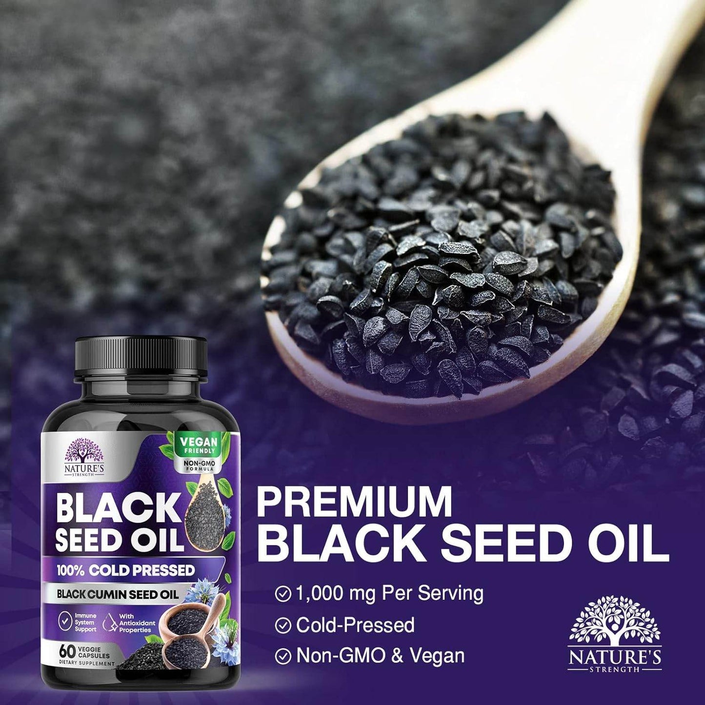 Premium Black Seed Oil Capsules Cold-Pressed Vegan 1000mg - Extra Strength Nigella Sativa Black Seed Oil, Nature's Pure Black Cumin Seed Oil for Immune, Hair and Brain Support, Non-GMO - 60 Capsules - Concordia Style Boutique