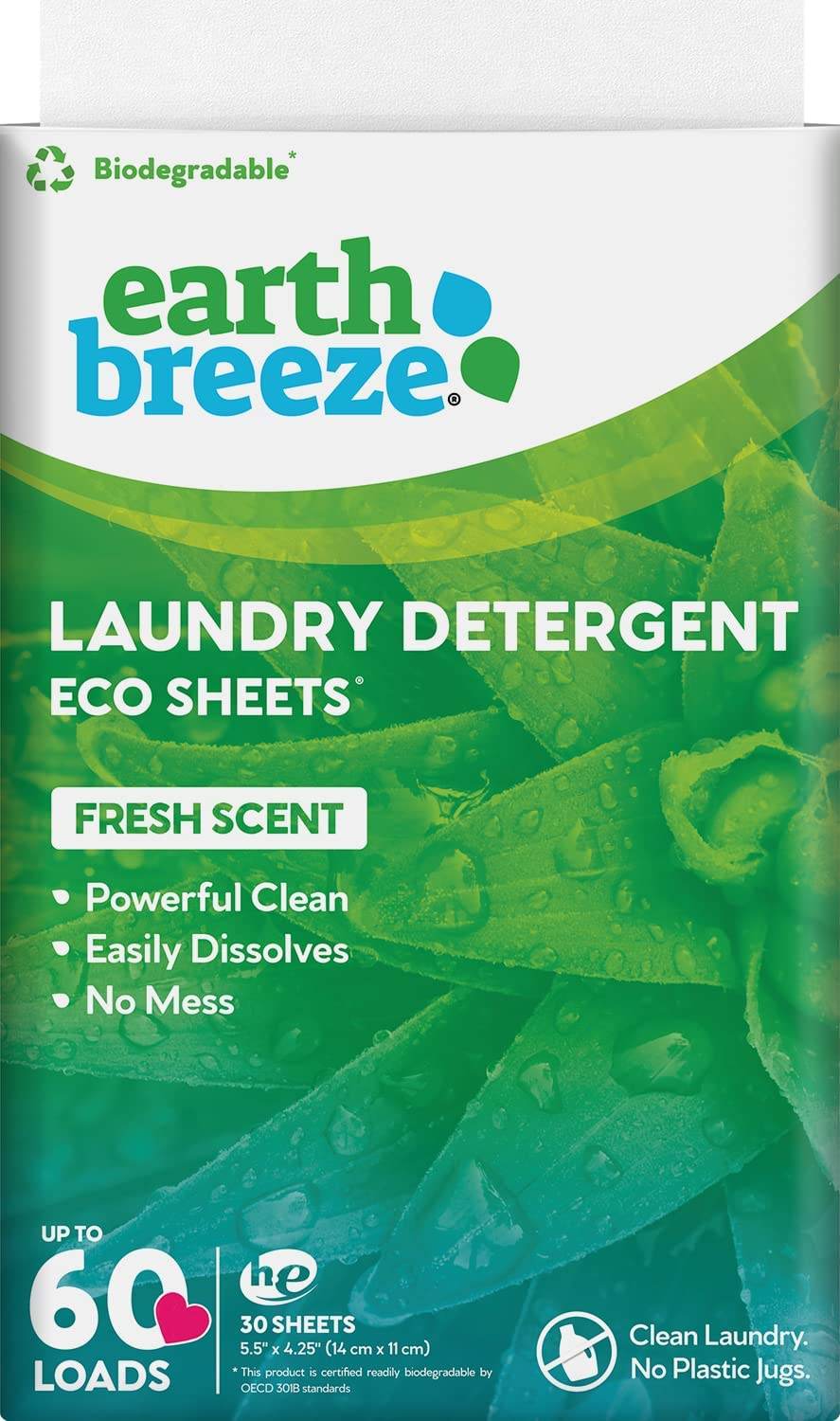 Earth Breeze Laundry Detergent Sheets - Fresh Scent - No Plastic Jug (60 Loads) 30 Sheets, Liquidless Technology… - Concordia Style Boutique