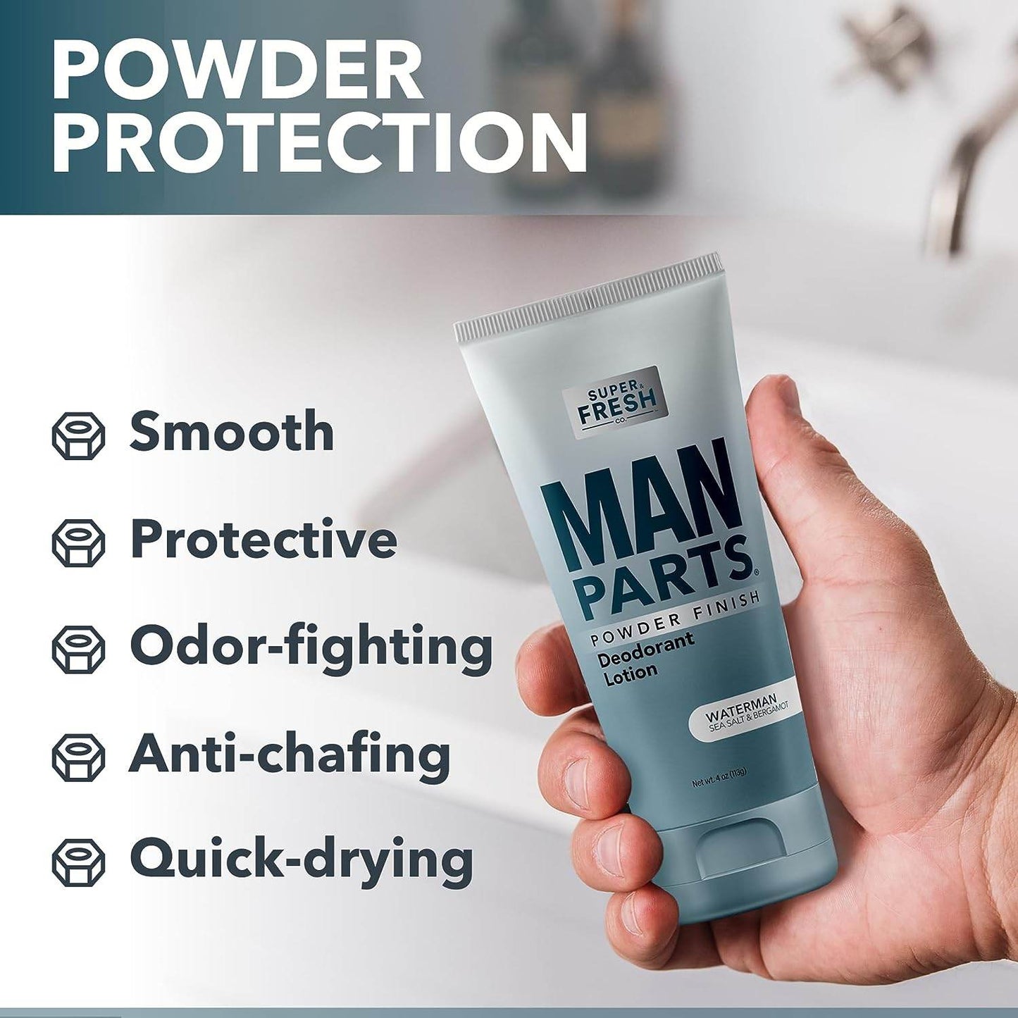Man Parts - Deodorant for Men - POWDER LOTION - Men's Hygiene Cream for Groin, Butt, & Body - Fresh Control Odor, Anti Chafing, Stop Itch, Absorb Sweat - Aluminum Free - 4 oz Tube - Concordia Style Boutique