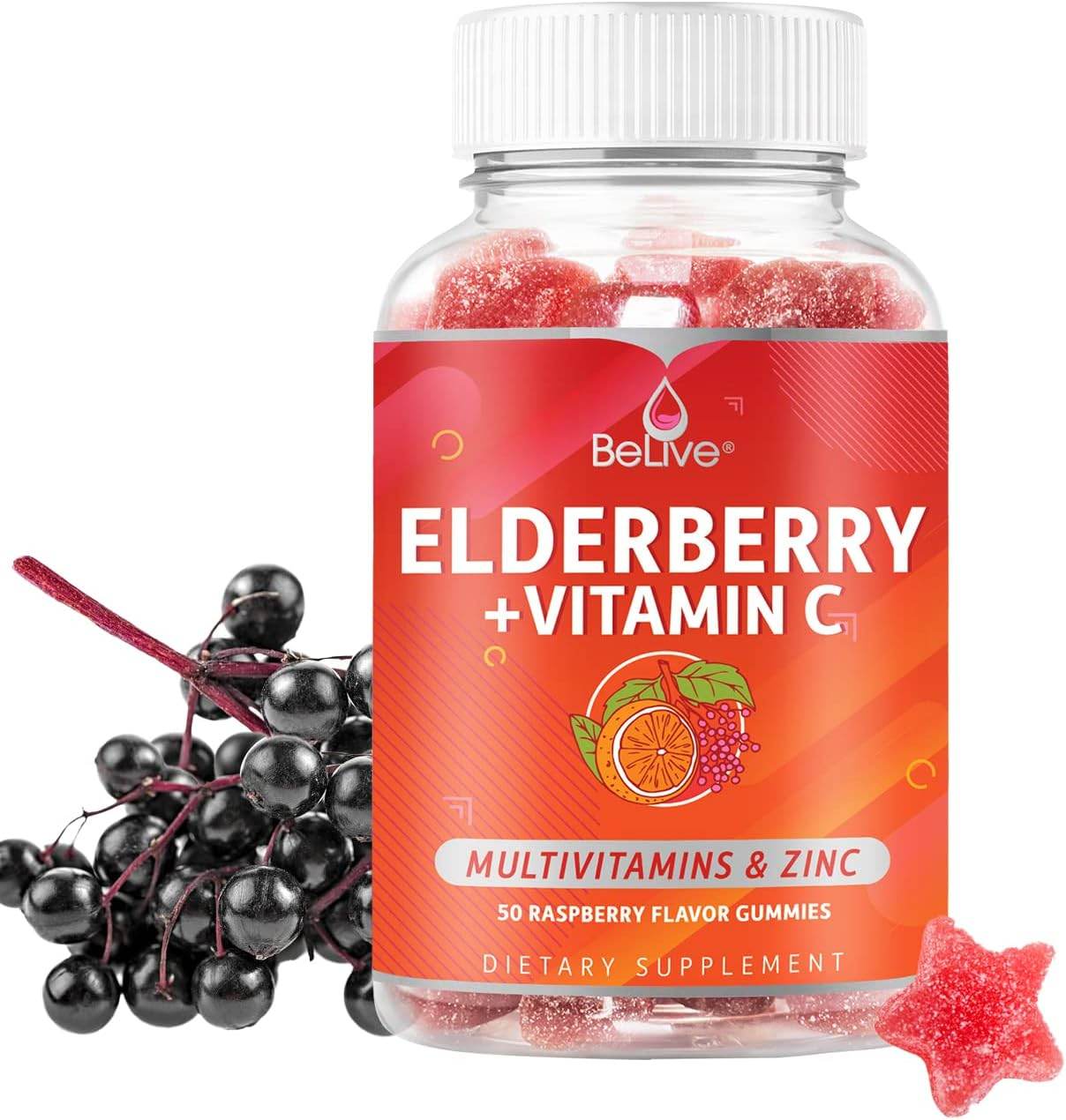 BeLive Elderberry Gummies with Vitamin C, Propolis, Echinacea. Max Strength 200MG - Sambucus Black Elder Immune Support Vitamins Supplement Made for Adults & Kids | Raspberry Flavored. 50 Count - Concordia Style Boutique