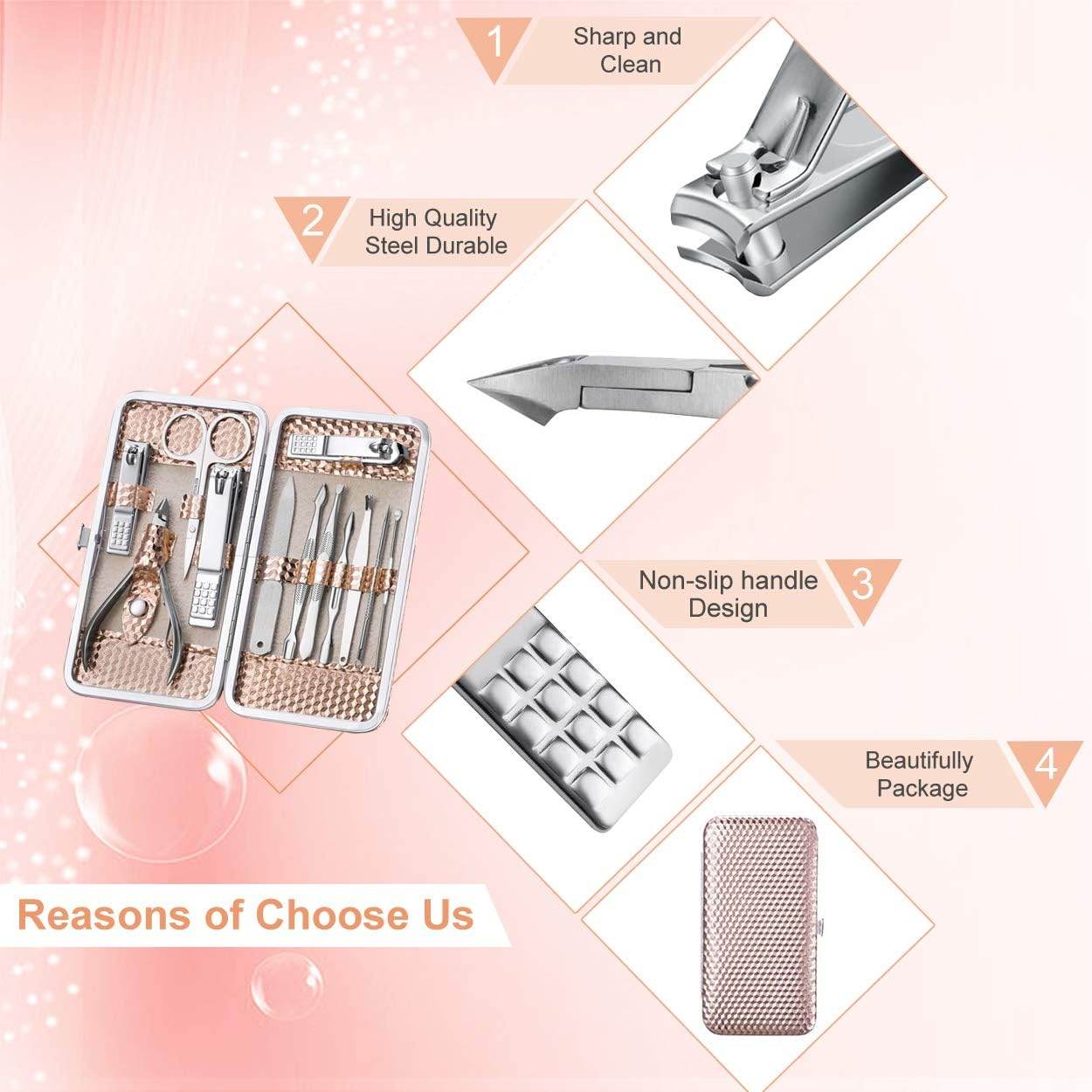 Manicure Set Professional Nail Clippers Set, 12Pcs Manicure Kit Stainless Steel Nail Kit for Women, Pedicure Set Nail Grooming Kit with Travel Case(Rose Gold) - Concordia Style Boutique