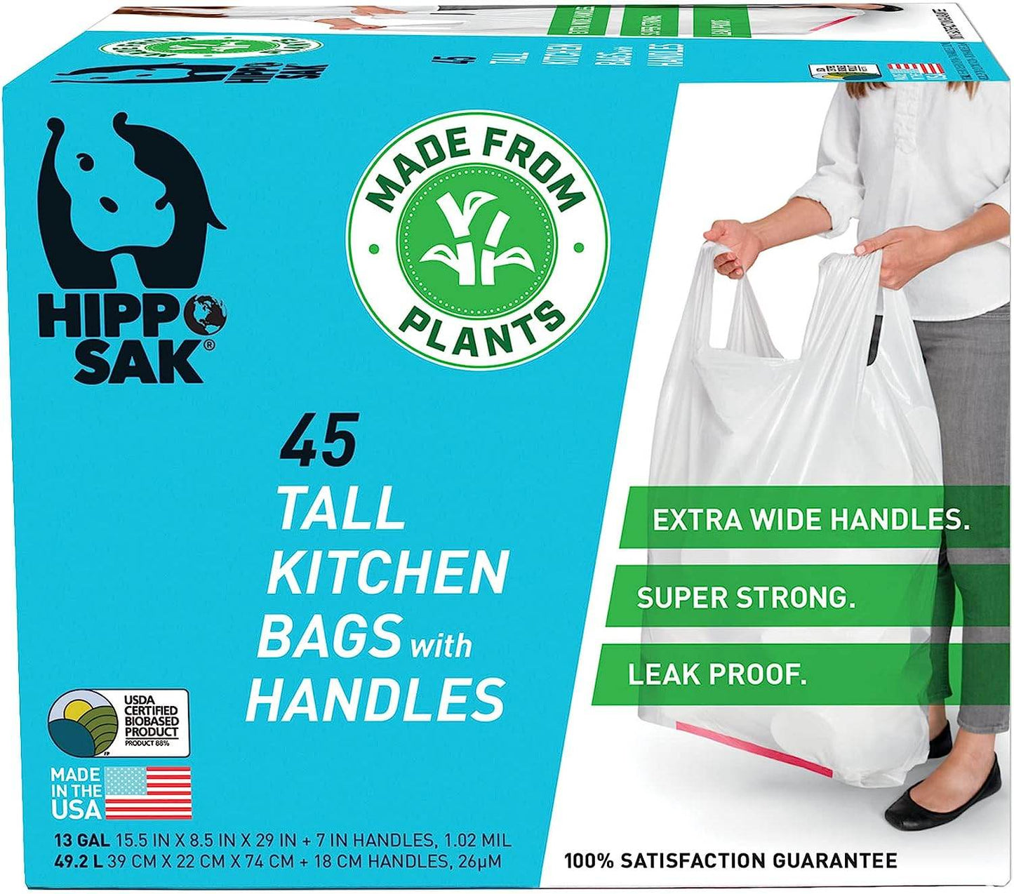 Plant Based - Hippo Sak Tall Kitchen Bags with Handles, 13 gallon (45 Count or 90 Count) - Concordia Style Boutique