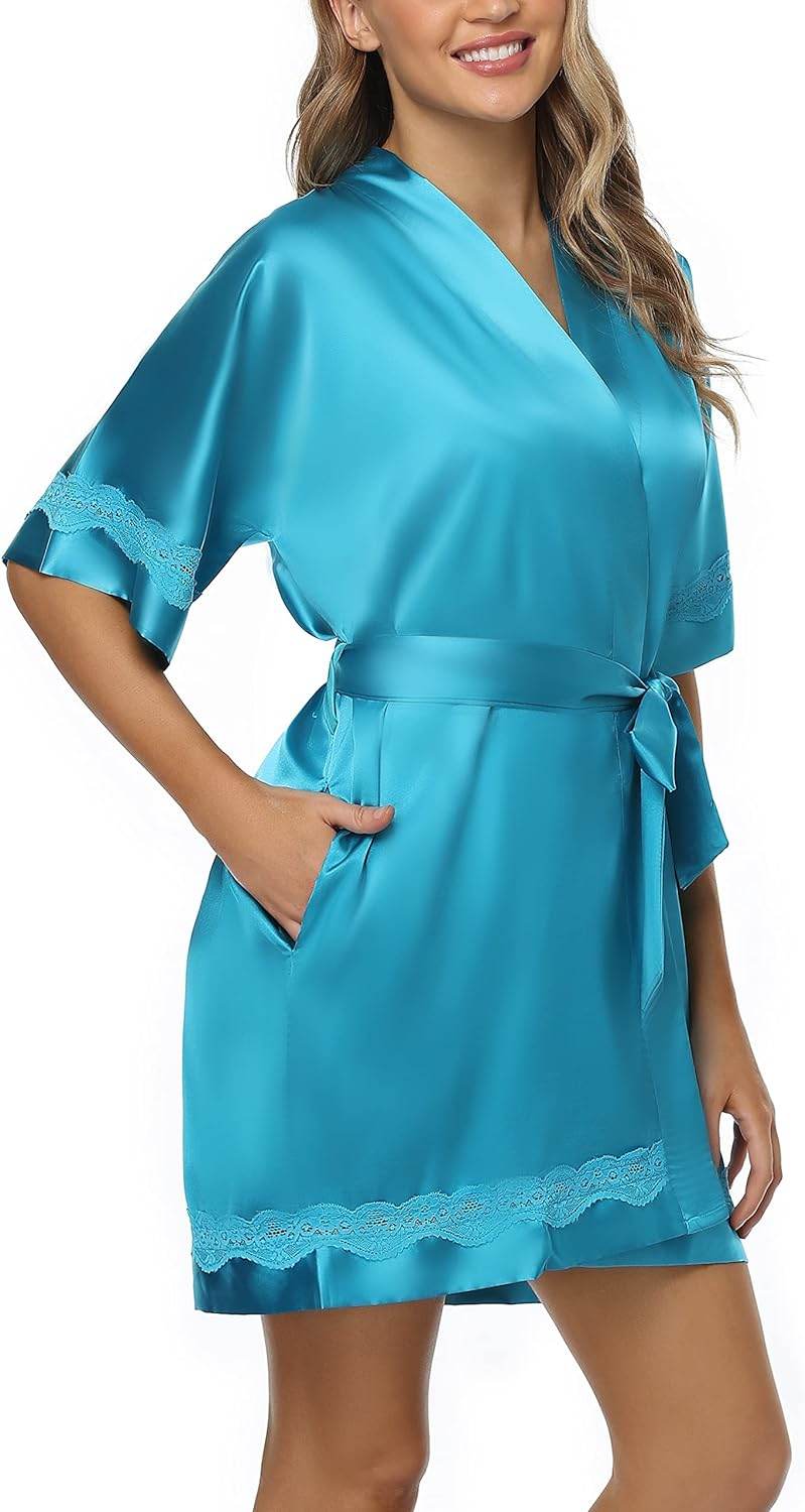 The Bund Women's Satin Robes Bride Bridesmaid Lace Short Silk Wedding Party Lightweight Bathrobe Soft Sleepwear S-XXXL - Concordia Style Boutique