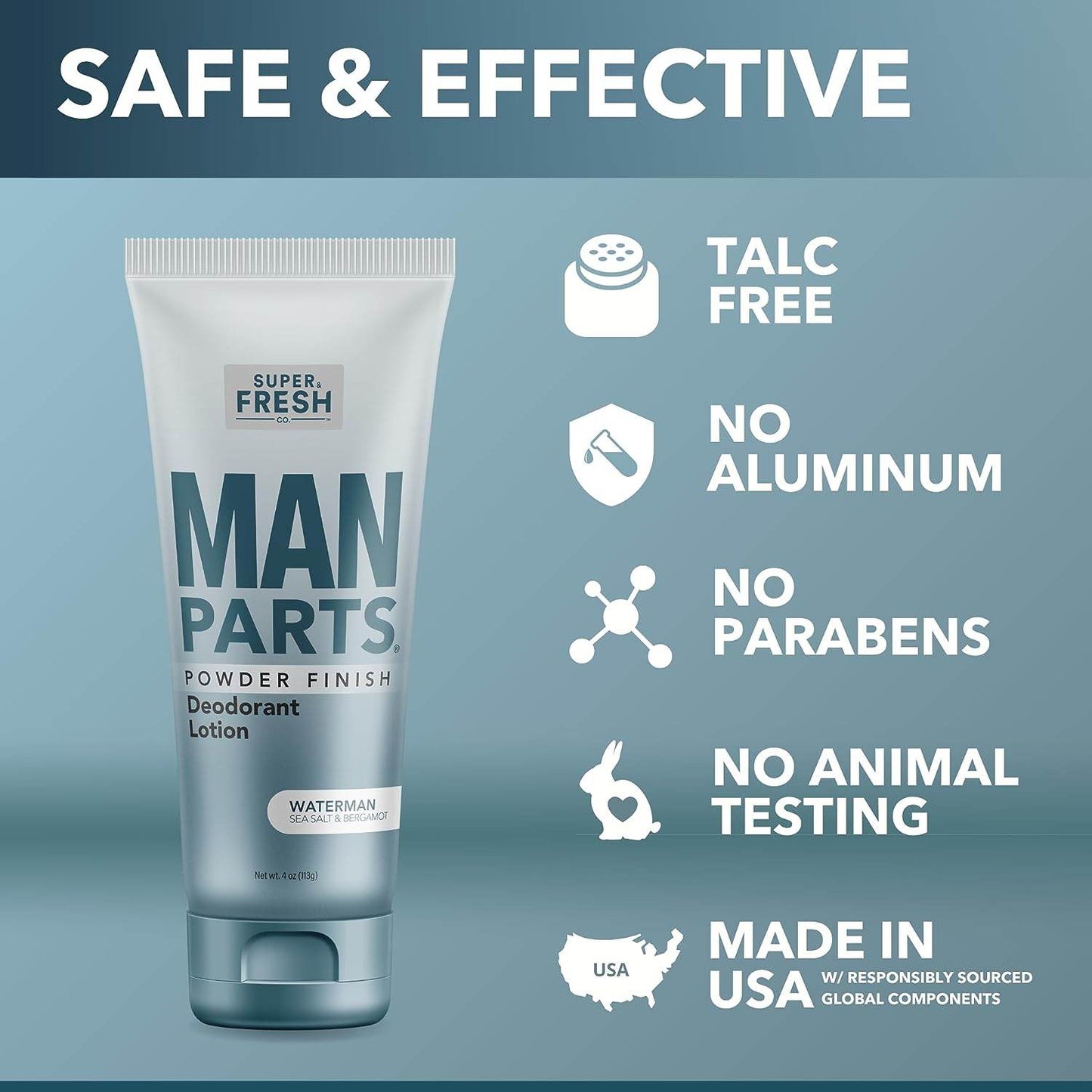 Man Parts - Deodorant for Men - POWDER LOTION - Men's Hygiene Cream for Groin, Butt, & Body - Fresh Control Odor, Anti Chafing, Stop Itch, Absorb Sweat - Aluminum Free - 4 oz Tube - Concordia Style Boutique