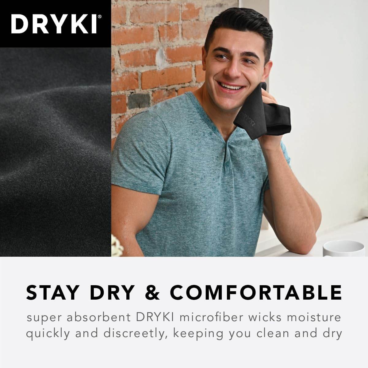 DRYKI - Sweat Absorbing Handkerchiefs - The Original Sport Microfiber Hankies for Wicking Sweat from Hands, Face, Body (Classic Black, 5 Pack) - Concordia Style Boutique