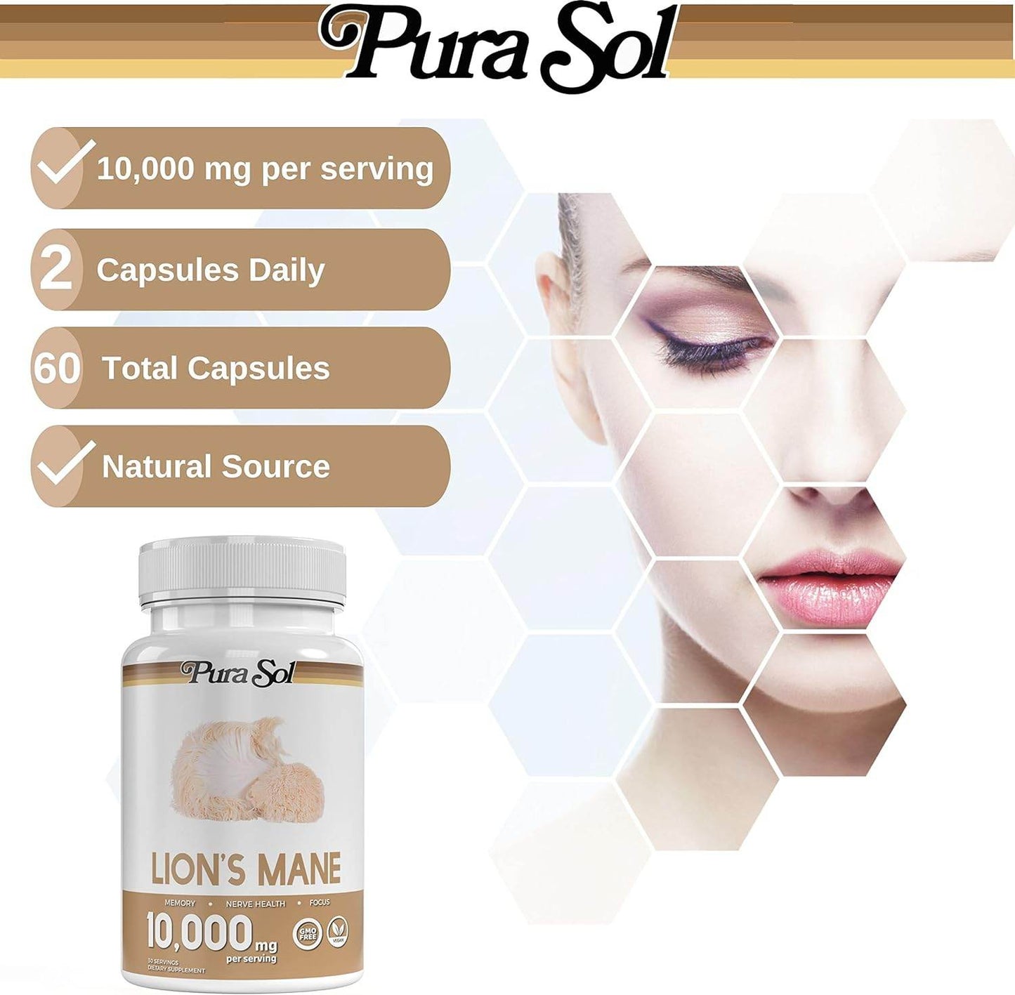 Lion’s Mane Mushroom Capsules 10,000 mg - 10:1 Hericium Powder Extract Supplement- Focus, Clarity and Cognition Supplement - Concordia Style Boutique