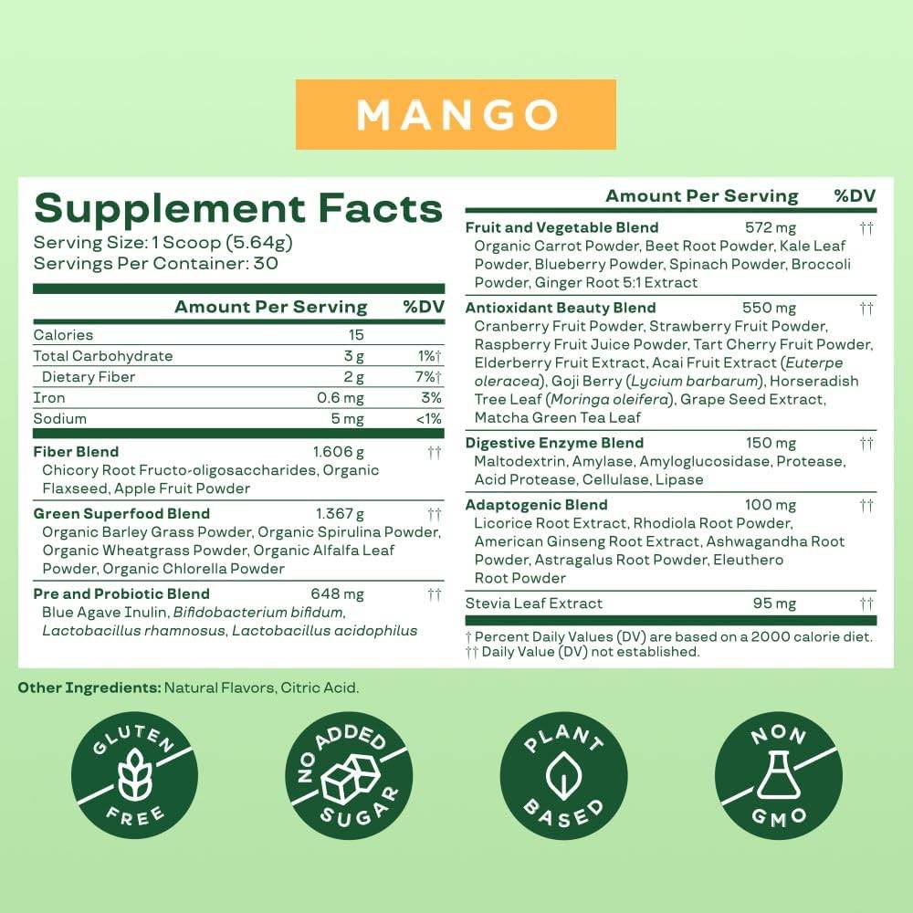 Bloom Nutrition Super Greens Powder Smoothie & Juice Mix - Probiotics for Digestive Health & Bloating Relief for Women, Digestive Enzymes with Superfoods Spirulina & Chlorella for Gut Health (Mango) - Concordia Style Boutique