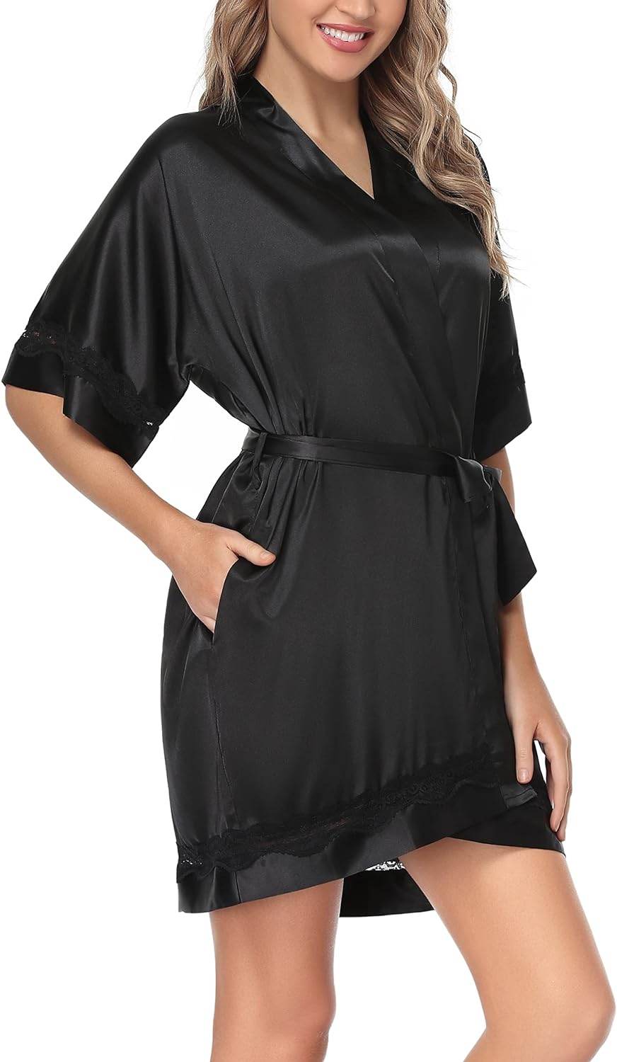 The Bund Women's Satin Robes Bride Bridesmaid Lace Short Silk Wedding Party Lightweight Bathrobe Soft Sleepwear S-XXXL - Concordia Style Boutique