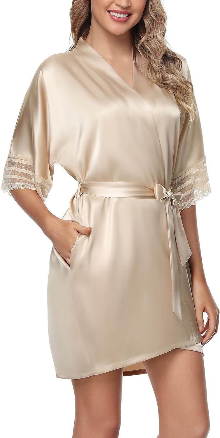 The Bund Women's Satin Robes Bride Bridesmaid Lace Short Silk Wedding Party Lightweight Bathrobe Soft Sleepwear S-XXXL - Concordia Style Boutique