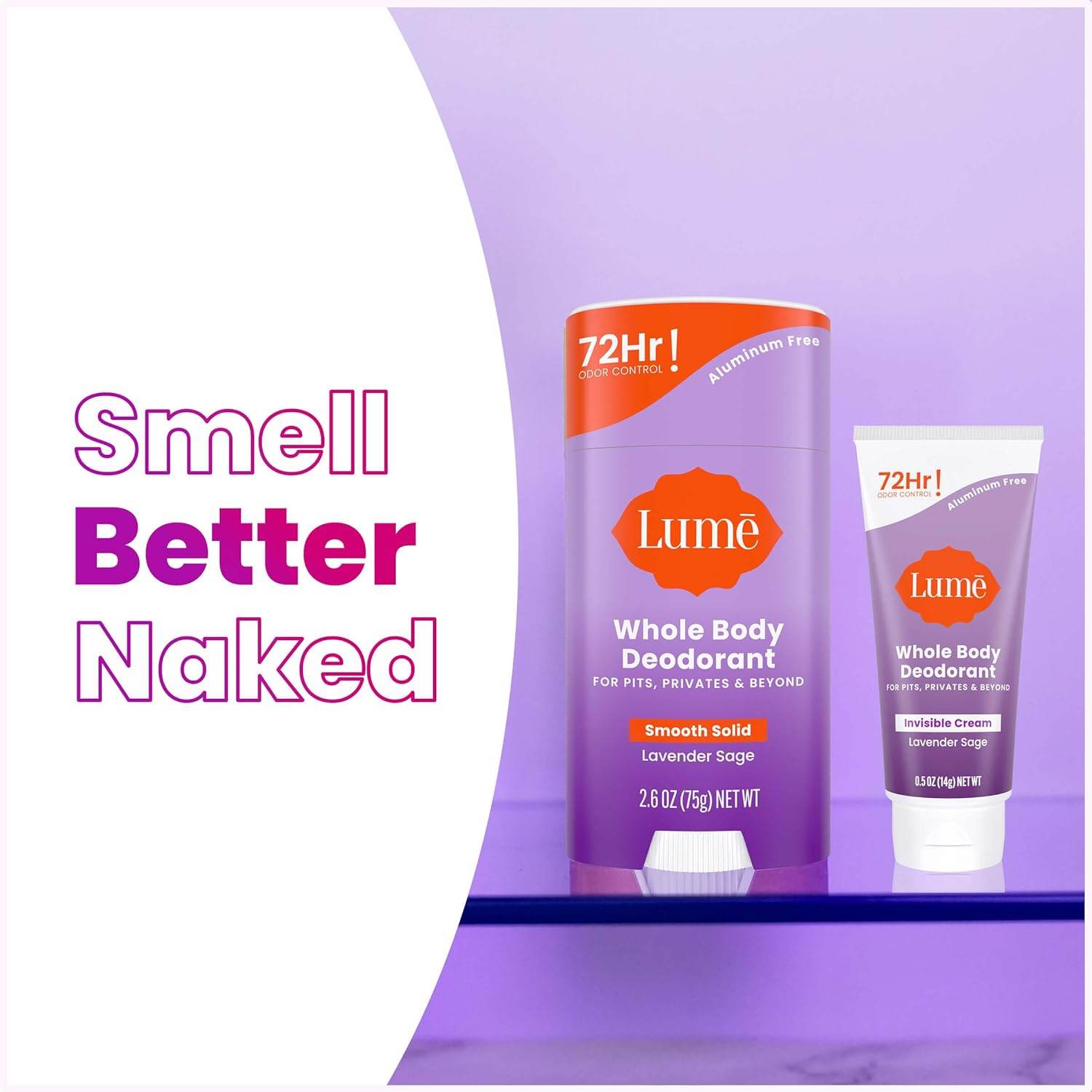 Lume Whole Body Deodorant - Invisible Cream Tube Mini and Solid Stick - 72 Hour Odor Control - Aluminum Free, Baking Soda Free, Skin Safe - 0.5 Ounce Mini Tube + 2.6 Ounce Solid Stick Bundle (Lavender Sage) - Concordia Style Boutique