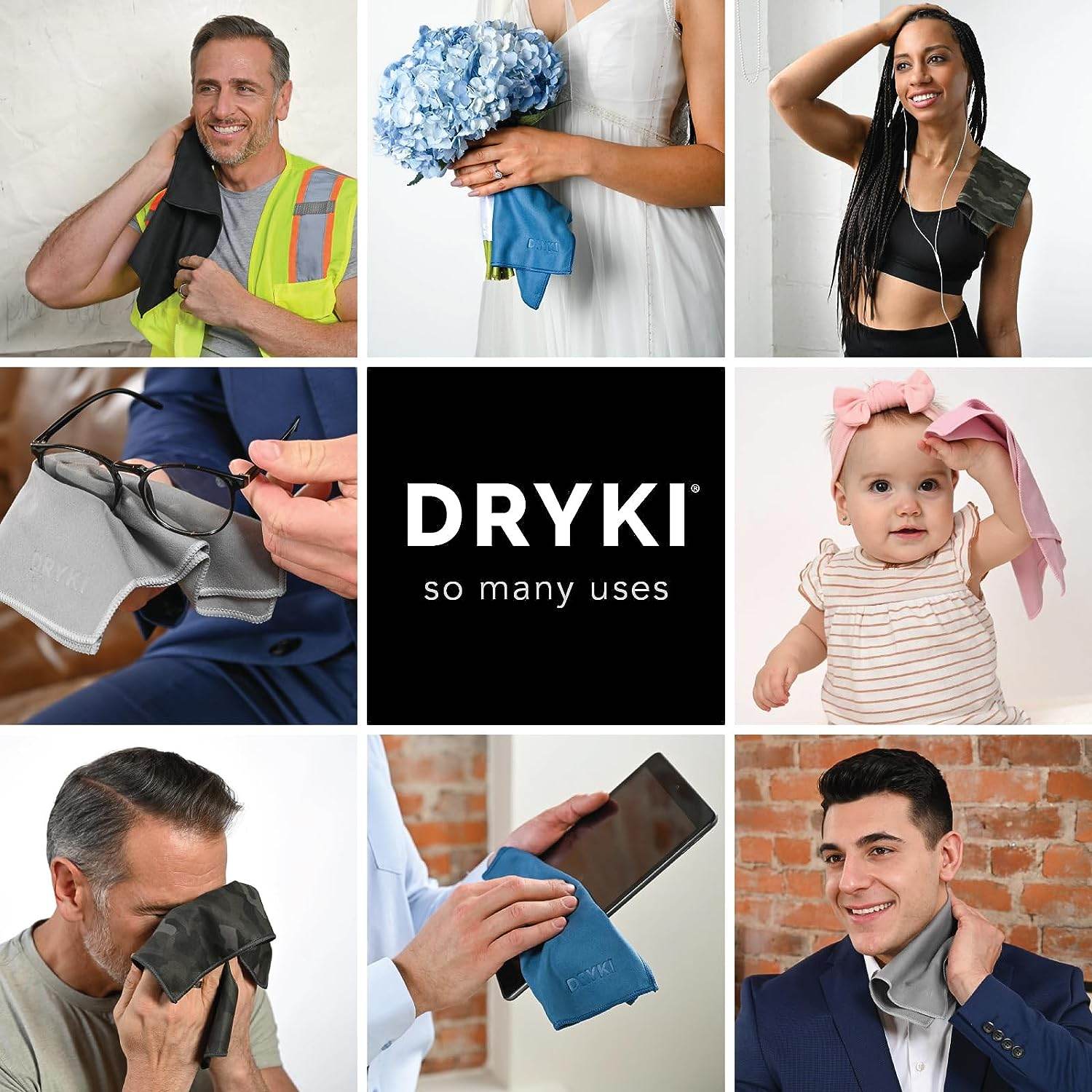 DRYKI - Sweat Absorbing Handkerchiefs - The Original Sport Microfiber Hankies for Wicking Sweat from Hands, Face, Body (Classic Black, 5 Pack) - Concordia Style Boutique