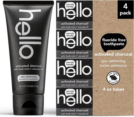 Hello Activated Charcoal Epic Teeth Whitening Fluoride Free Toothpaste, Fresh Mint and Coconut Oil, Vegan, SLS Free, Gluten Free and Peroxide Free, 4 Ounce - Concordia Style Boutique