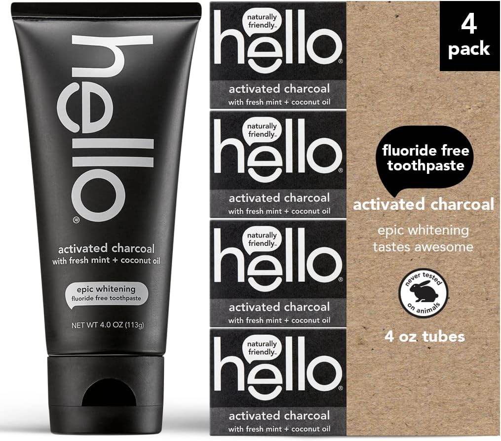 Hello Activated Charcoal Epic Teeth Whitening Fluoride Free Toothpaste, Fresh Mint and Coconut Oil, Vegan, SLS Free, Gluten Free and Peroxide Free, 4 Ounce - Concordia Style Boutique