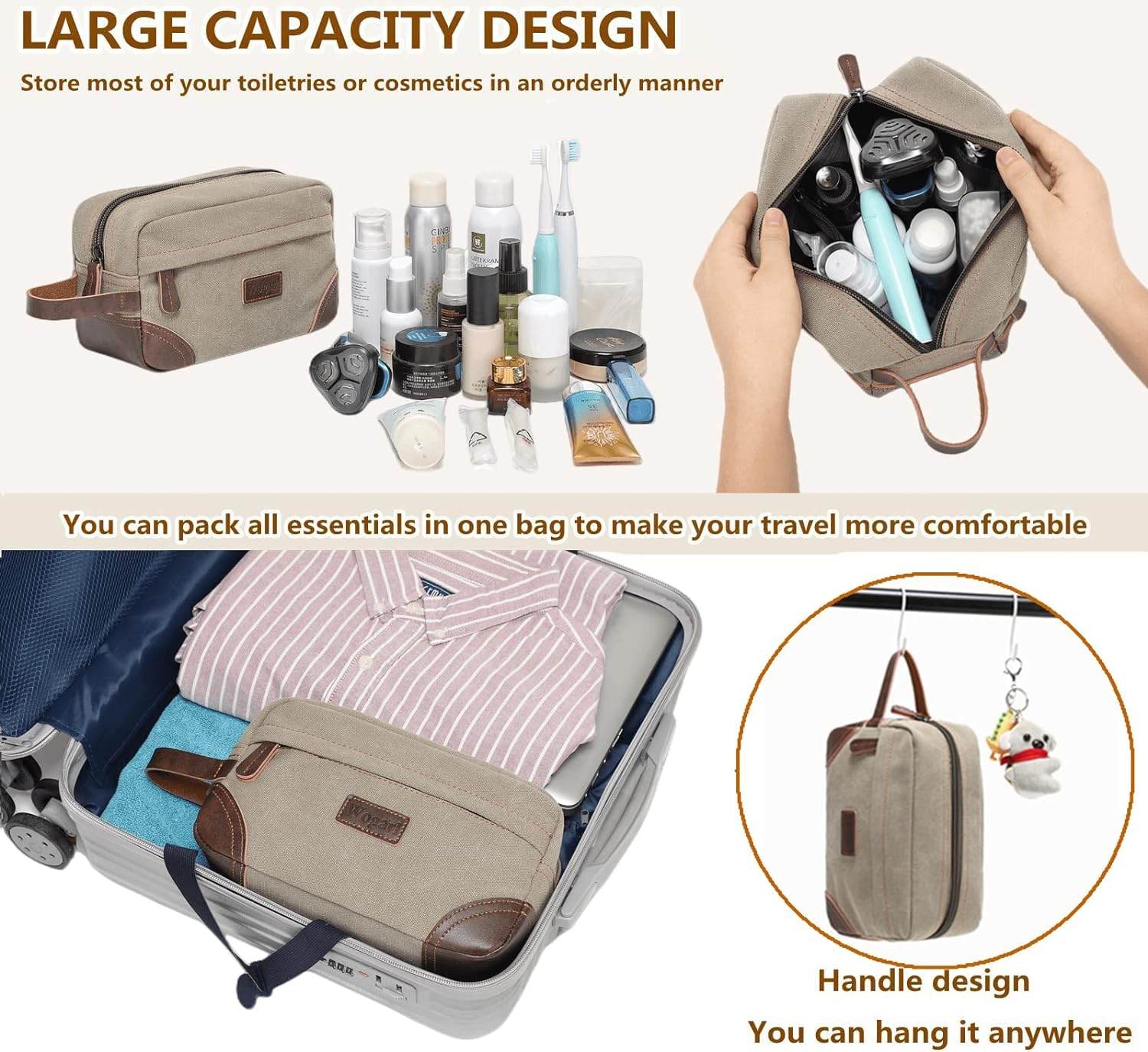 Toiletry Bag for Men, Leather and Canvas Travel Toiletry Bag Dopp Kit Shaving Bag for Travel Accessories (Light Grey) - Concordia Style Boutique