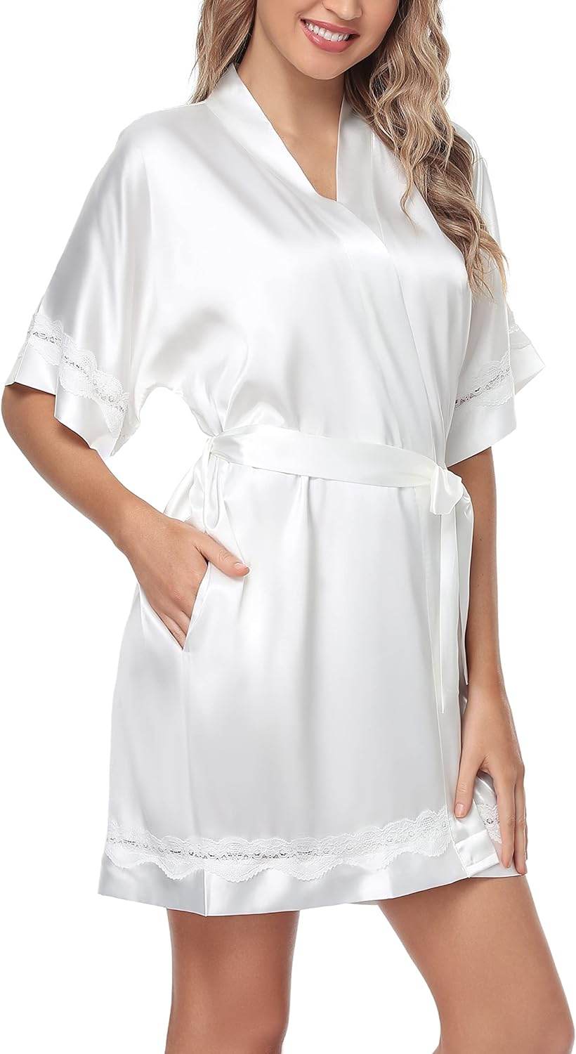 The Bund Women's Satin Robes Bride Bridesmaid Lace Short Silk Wedding Party Lightweight Bathrobe Soft Sleepwear S-XXXL - Concordia Style Boutique