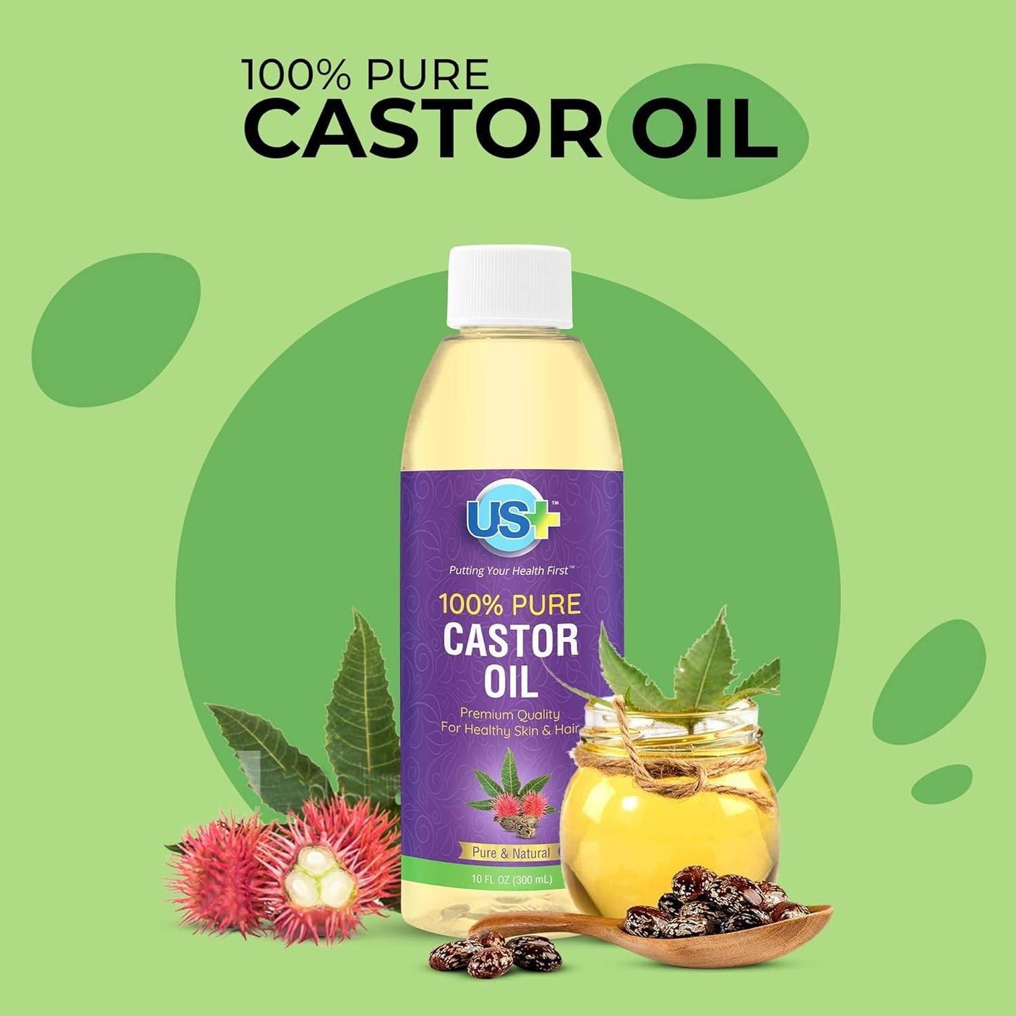 10oz US+ Pure Castor Oil - Cold-Pressed, Unrefined, Hexane-Free - USP Grade - Premium Quality for Healthy Skin & Hair - Concordia Style Boutique