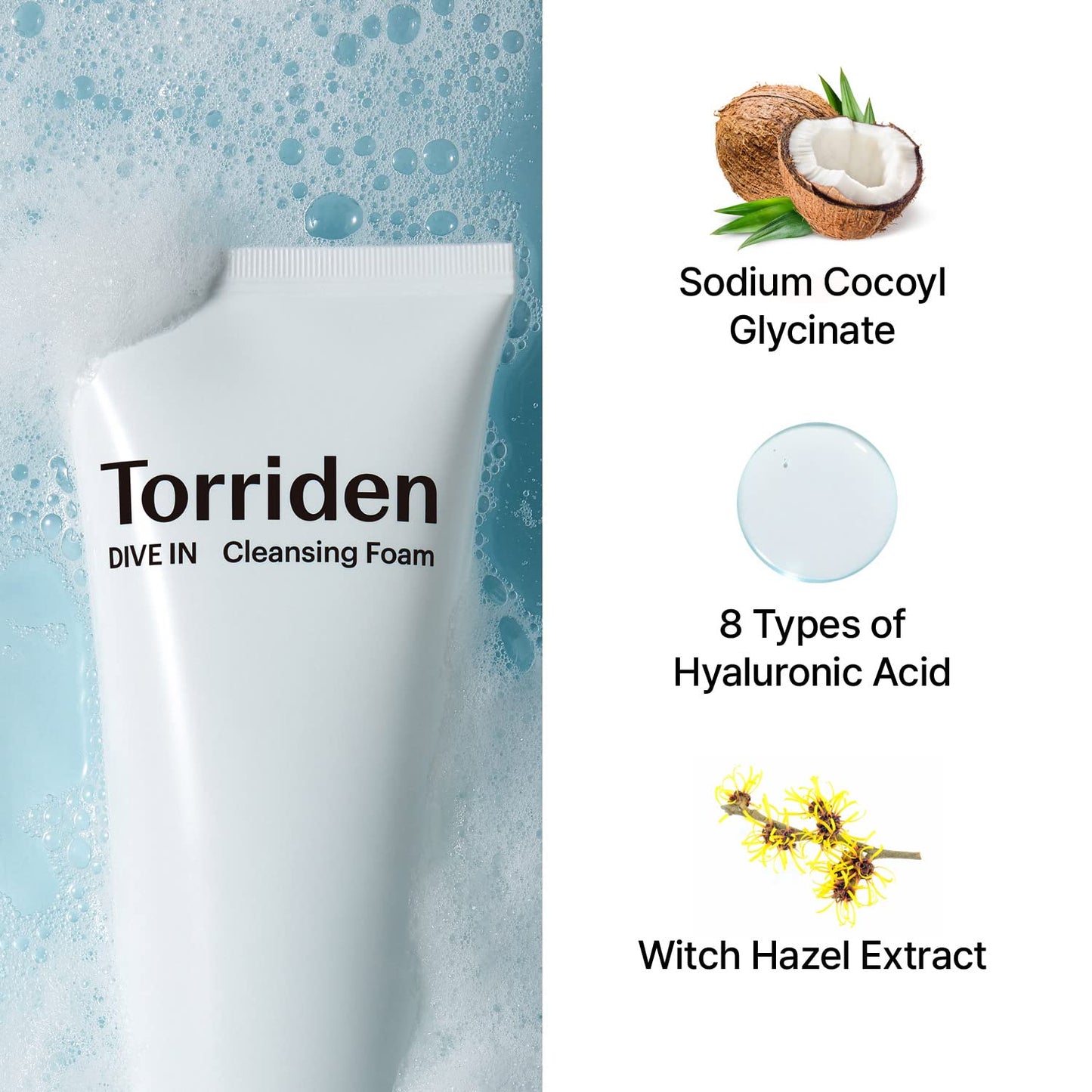 Torriden DIVE-IN Cleansing Foam Face Wash 5.07 fl oz., Hydrating Daily Facial Cleanser for All and Sensitive Skin, with Hyaluronic Acid, Panthenol, Allantoin | Vegan and Cruelty Free - Concordia Style Boutique