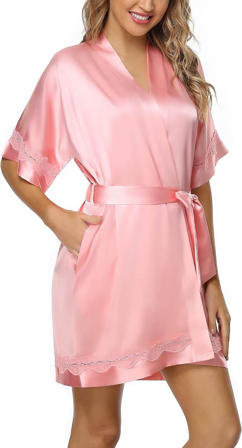 The Bund Women's Satin Robes Bride Bridesmaid Lace Short Silk Wedding Party Lightweight Bathrobe Soft Sleepwear S-XXXL - Concordia Style Boutique