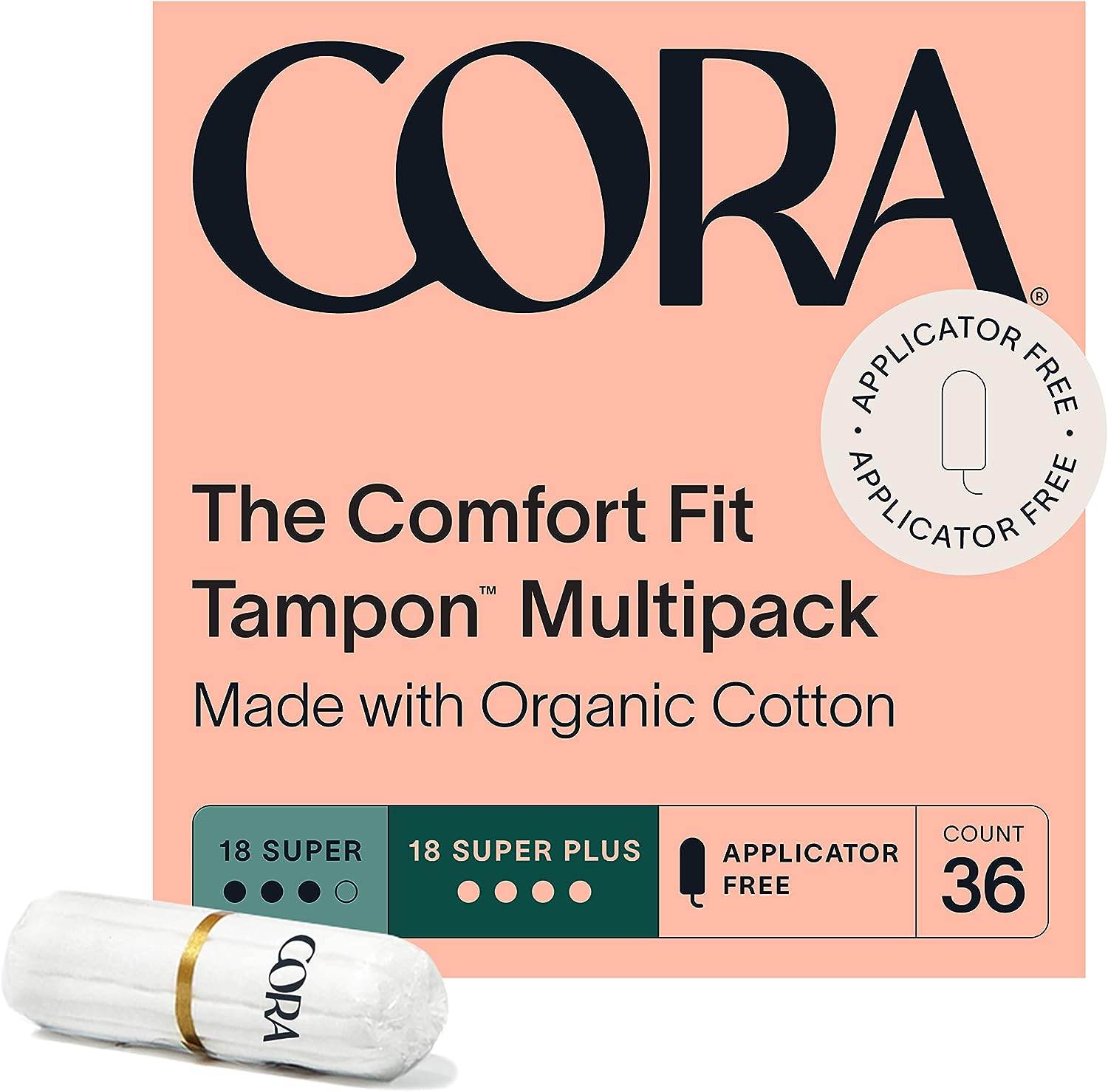Cora 100% Organic Cotton Non-Applicator Tampons | Ultra-Absorbent, Unscented, Natural, Non-Toxic, Applicator Free | Eco-Conscious (36 S/S+ Tampons) - Concordia Style Boutique