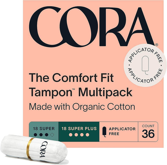 Cora 100% Organic Cotton Non-Applicator Tampons | Ultra-Absorbent, Unscented, Natural, Non-Toxic, Applicator Free | Eco-Conscious (36 S/S+ Tampons) - Concordia Style Boutique