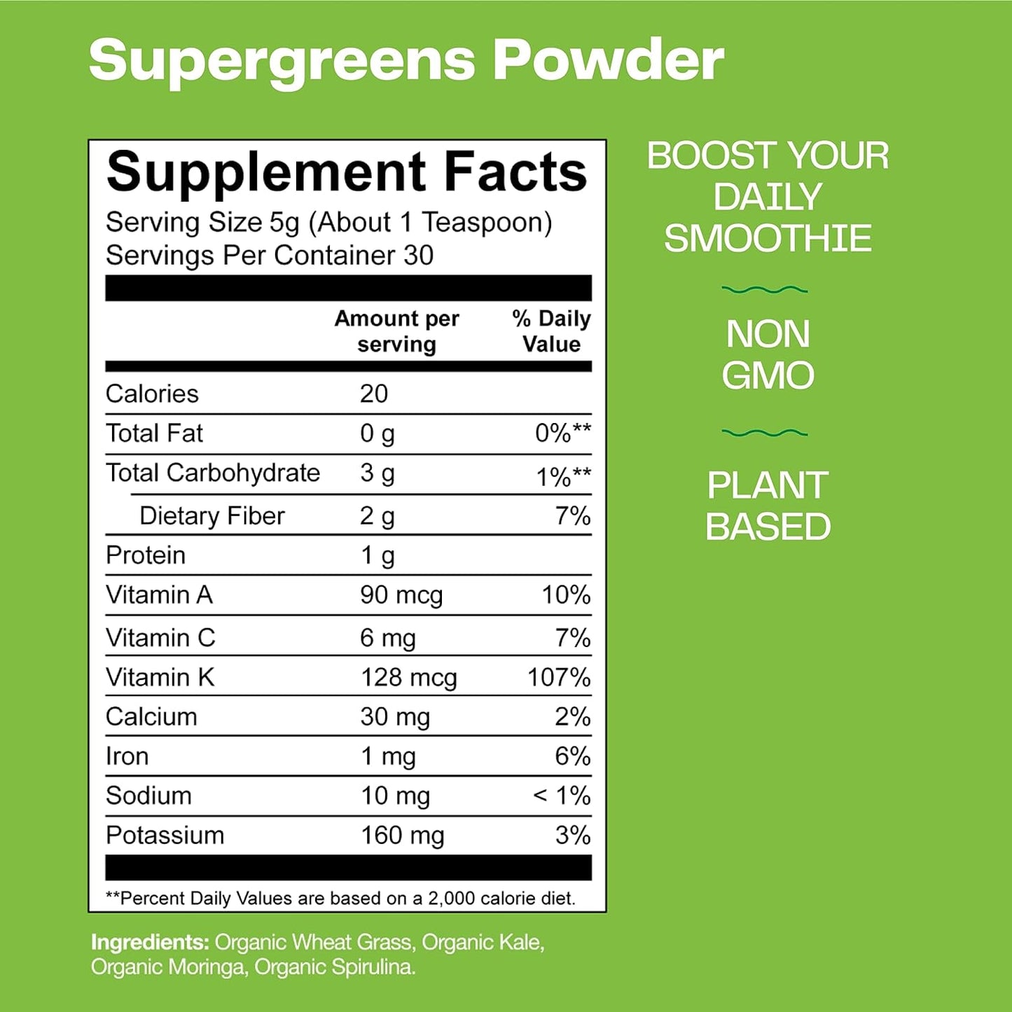 Greens Powder Smoothie Mix with Spirulina, Moringa, Wheat Grass & Kale Smoothie Booster, Chlorophyll Providing Greens, 30 Servings - Concordia Style Boutique