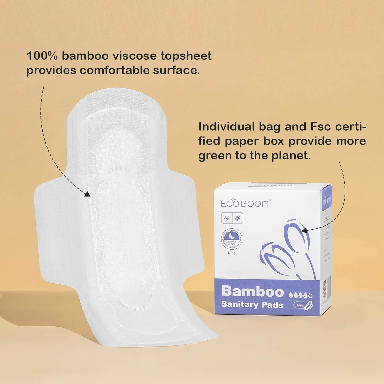 Bamboo Viscose Sanitary Pads with Wings 100% Natural Sanitary Pads Chlorine and Fragrance Free Heavy Absorbency Sanitary Napkins for Women 8 Count - Concordia Style Boutique