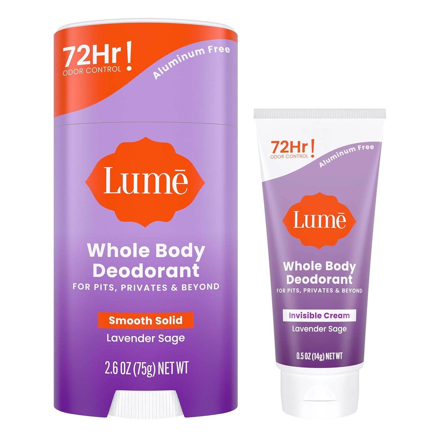 Lume Whole Body Deodorant - Invisible Cream Tube Mini and Solid Stick - 72 Hour Odor Control - Aluminum Free, Baking Soda Free, Skin Safe - 0.5 Ounce Mini Tube + 2.6 Ounce Solid Stick Bundle (Lavender Sage) - Concordia Style Boutique