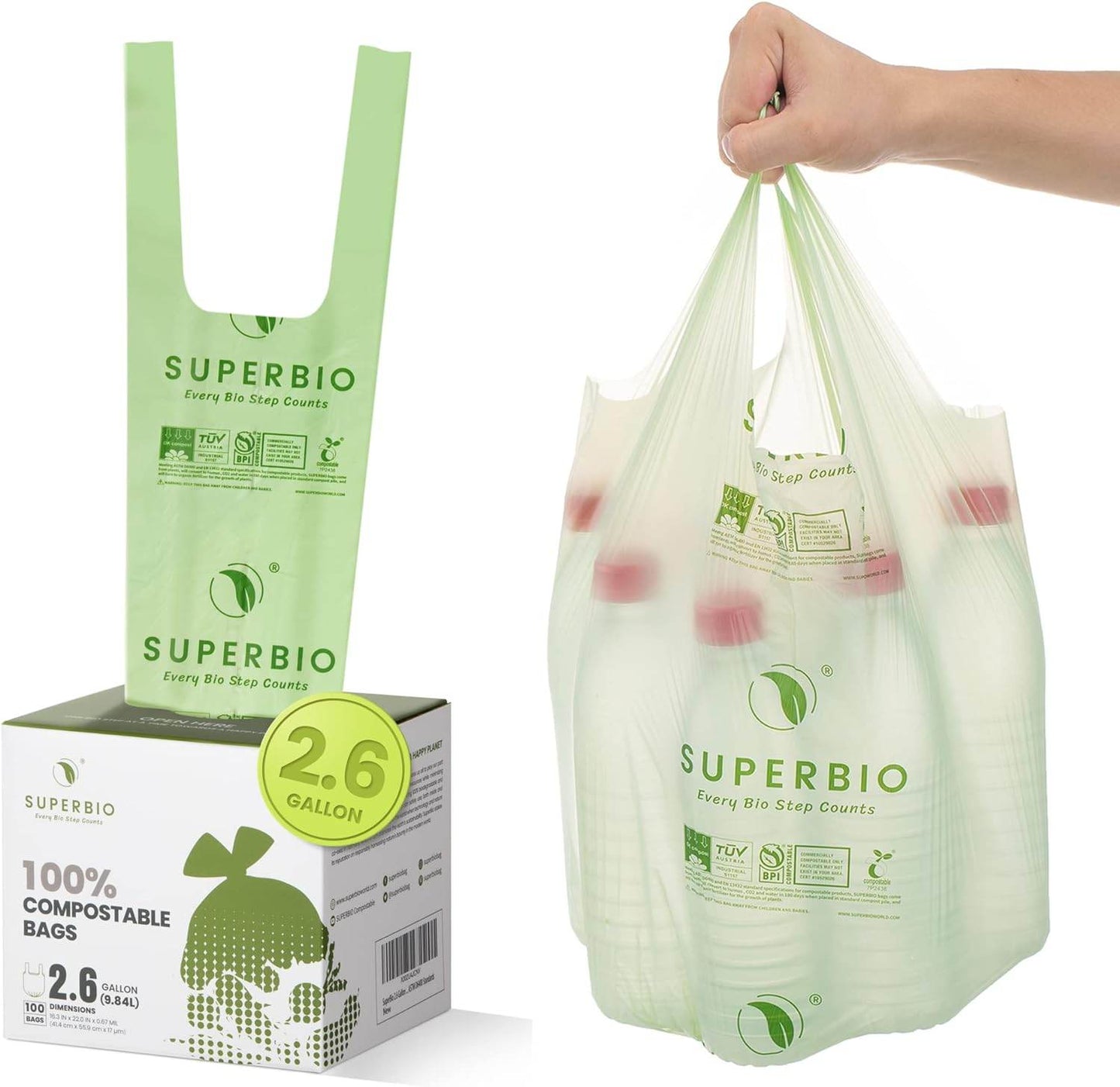 SUPERBIO 2.6 Gallon Compostable Handle Tie Bags, 100 Count,1 Pack, Small Compost Garbage Bags with Handle, Food scrap bags Certified by BPI Meeting ASTM D6400, 9.84L - Concordia Style Boutique