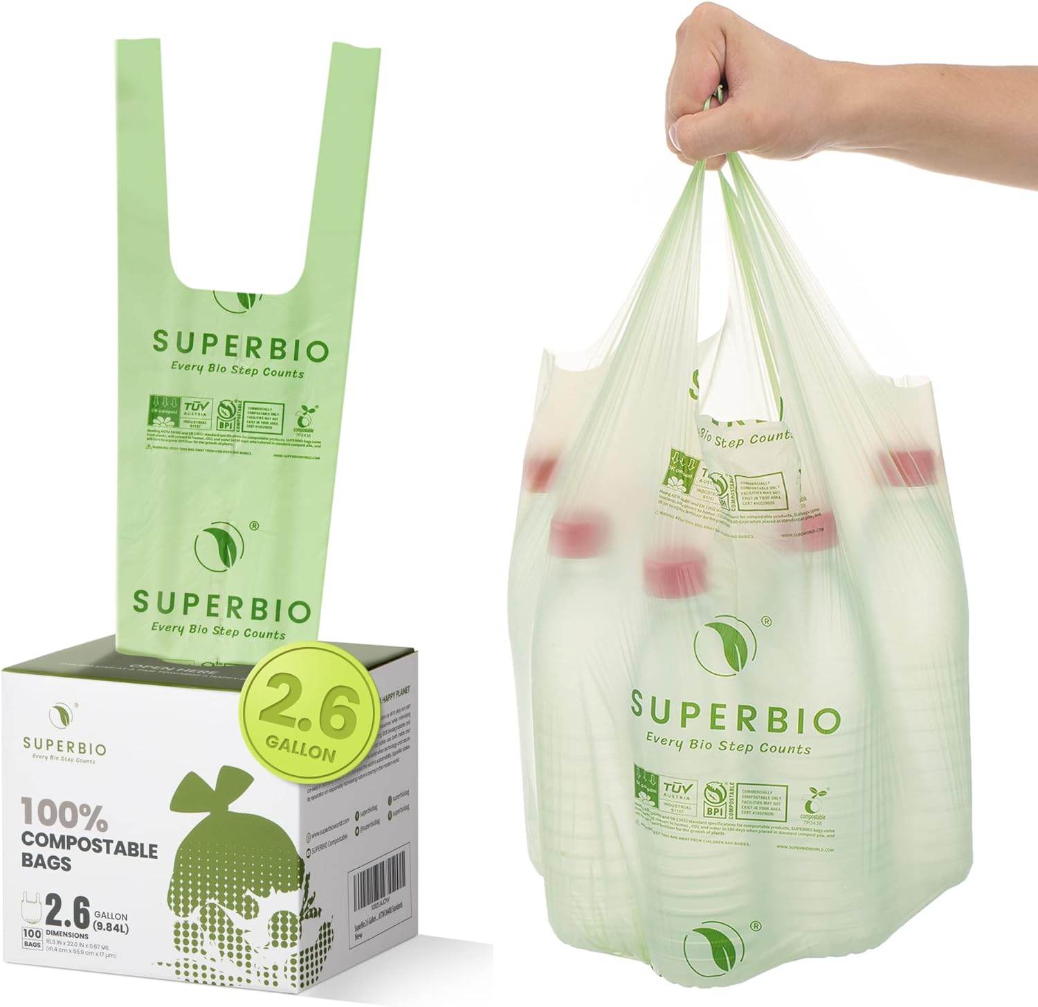 SUPERBIO 2.6 Gallon Compostable Handle Tie Bags, 100 Count,1 Pack, Small Compost Garbage Bags with Handle, Food scrap bags Certified by BPI Meeting ASTM D6400, 9.84L - Concordia Style Boutique