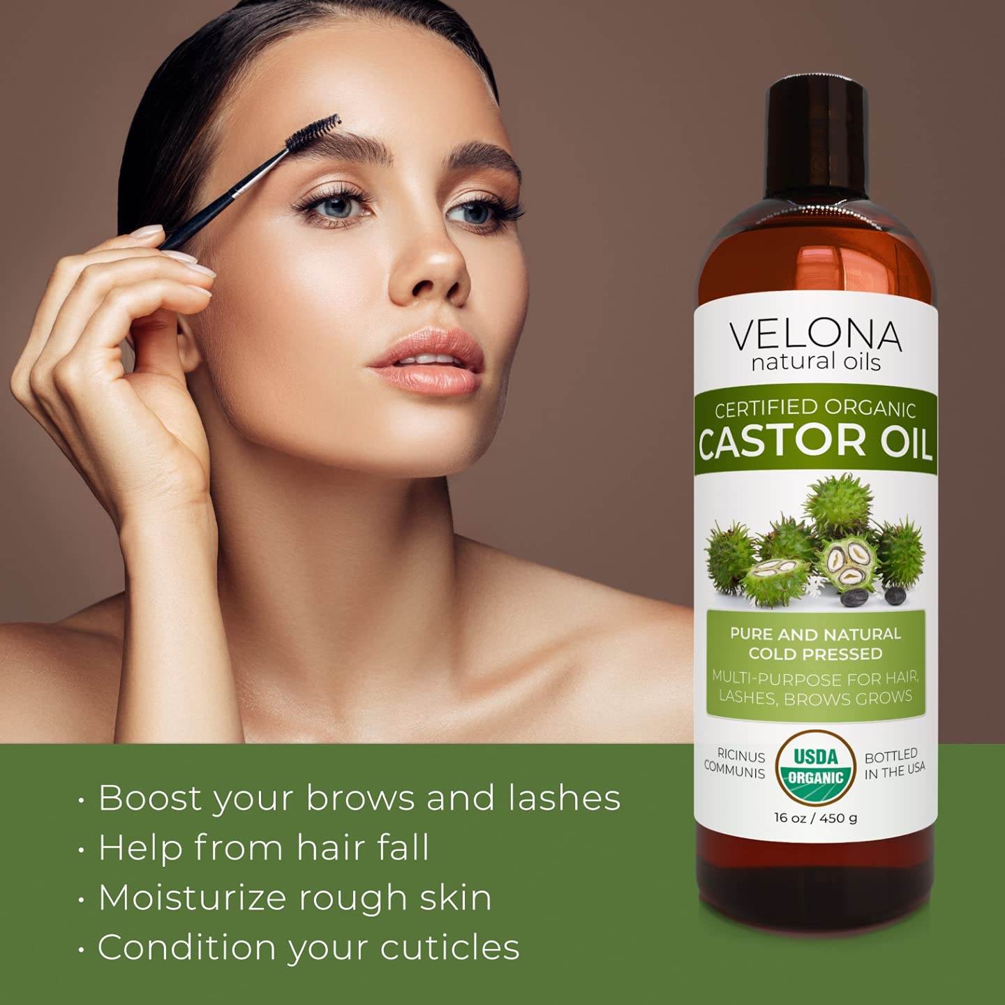 Velona USDA Certified Organic Castor Oil - 16 oz (With Pump) | For Hair, Boost Eyelashes, Eyebrows | Cold pressed, Natural Oil, USP Grade | Hexane Free, Lash Serum, Caster - Concordia Style Boutique