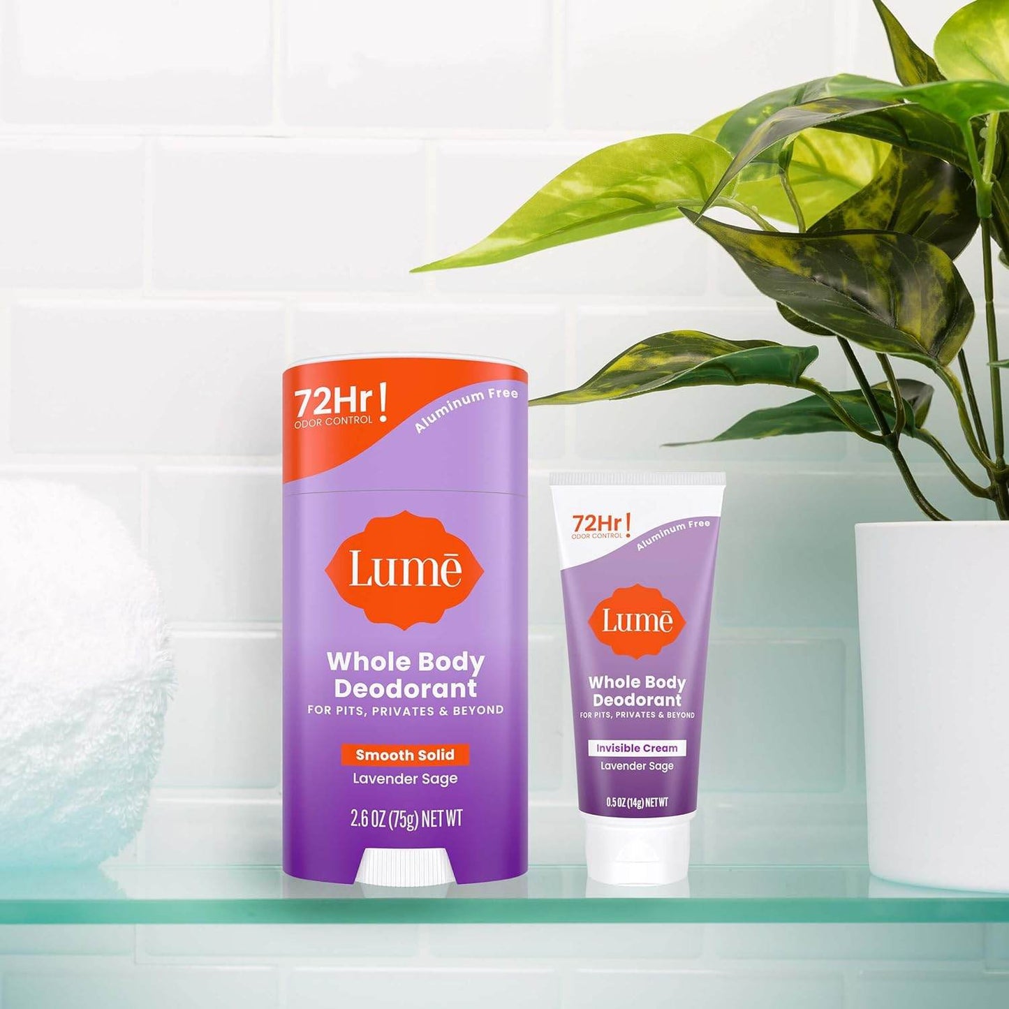 Lume Whole Body Deodorant - Invisible Cream Tube Mini and Solid Stick - 72 Hour Odor Control - Aluminum Free, Baking Soda Free, Skin Safe - 0.5 Ounce Mini Tube + 2.6 Ounce Solid Stick Bundle (Lavender Sage) - Concordia Style Boutique