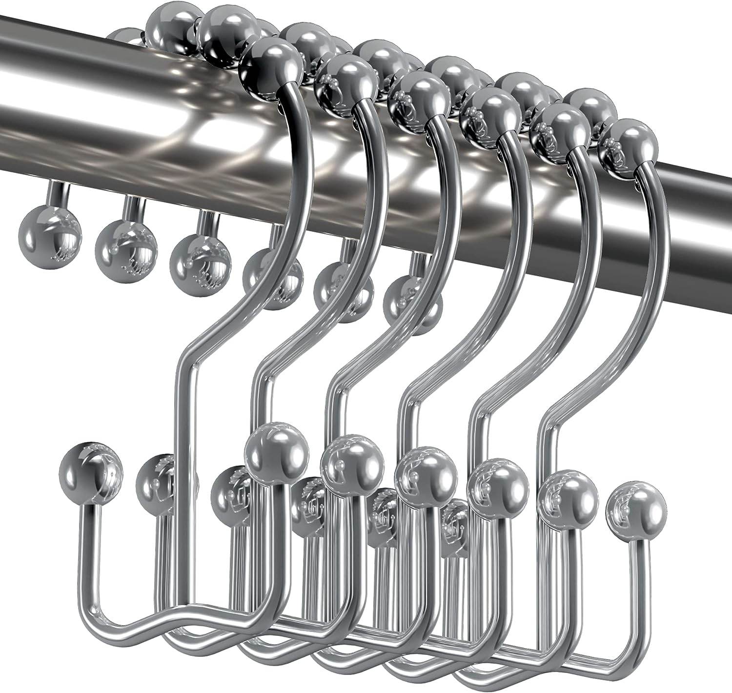 Shower Curtain Hooks, Shower Curtain Rings Rust Proof Metal Double Glide Shower Hooks Rings for Bathroom Shower Rods Curtains, Set of 12 Hooks - Nickel - Concordia Style Boutique