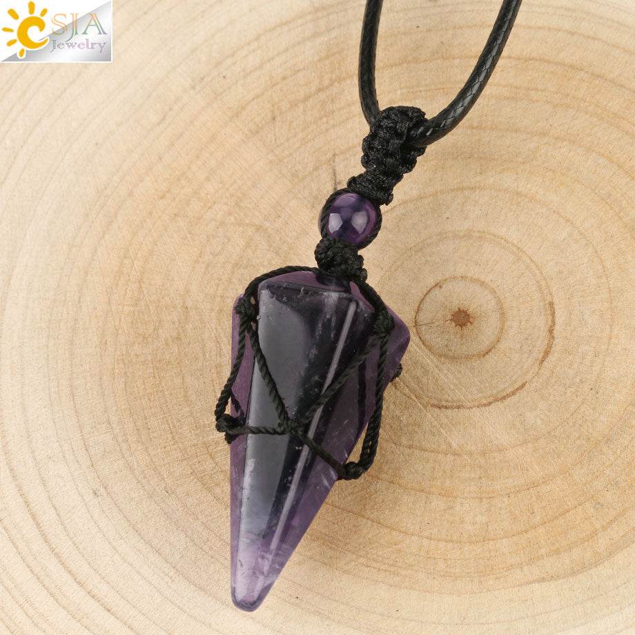 CSJA Natural Stone Cone Pendants Crystal Quartz Black Rope Wrapped Treatment Stones Necklace for Men Female Fashion Jewelry G173 - Concordia Style Boutique
