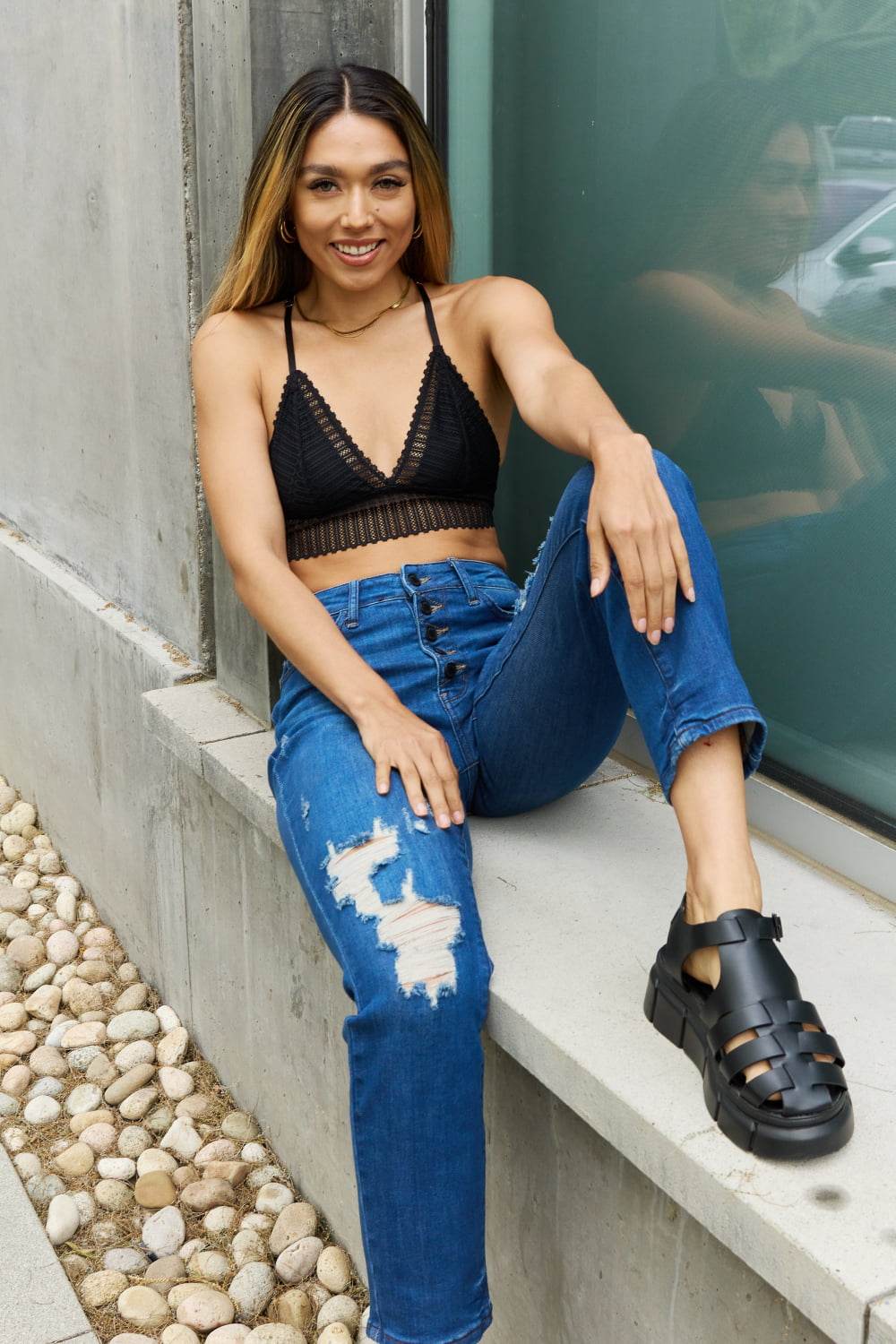 Leto Ribbed Lace Boho Racerback Bralette in Black - Concordia Style Boutique