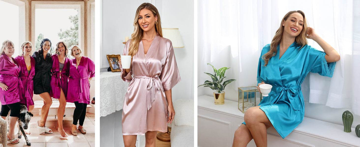 The Bund Women's Satin Robes Bride Bridesmaid Lace Short Silk Wedding Party Lightweight Bathrobe Soft Sleepwear S-XXXL - Concordia Style Boutique
