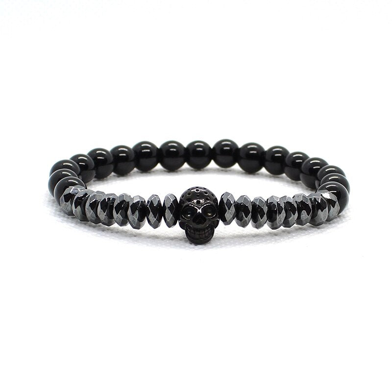 Matte Onyx Stone Beads Skull Bracelet Set Crown - Concordia Style Boutique