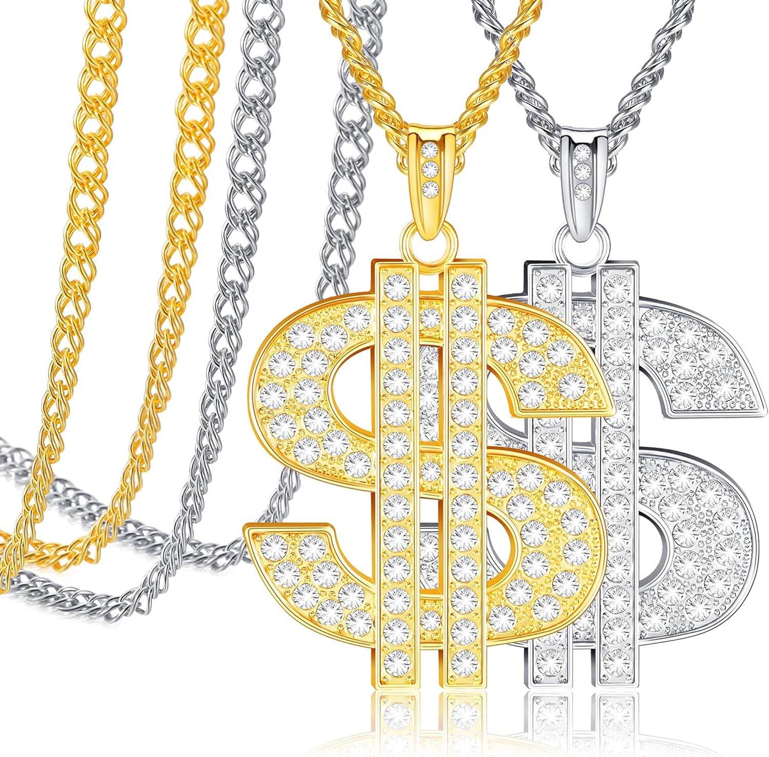 Tatuo 2 Pieces Plated Chain for Men with Dollar Sign Pendant Necklace, Hip Hop Dollar Necklace - Concordia Style Boutique