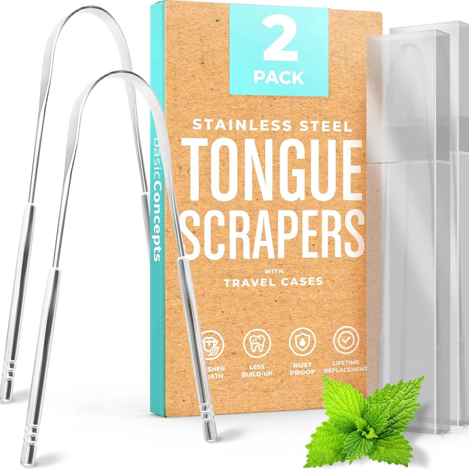 Tongue Scraper for Adults (2 Pack), Reduce Bad Breath (Travel Cases Included), Stainless Steel Tongue Cleaners, 100% Metal Tongue Scraper with Case Fresh Breath Tongue Cleaner Oral - Concordia Style Boutique